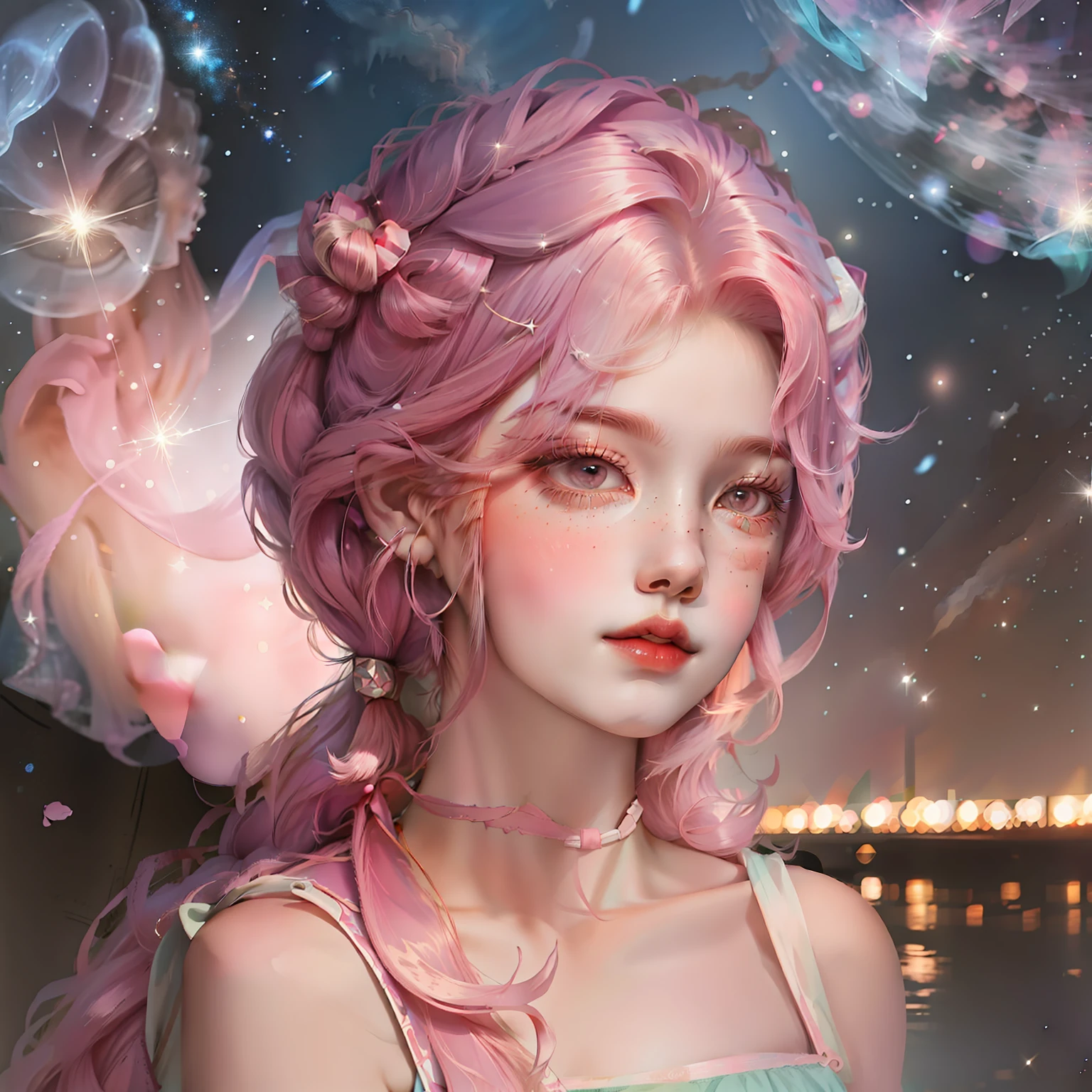 Girl pink hair,pony tails,background starry sky,The stars twinkle