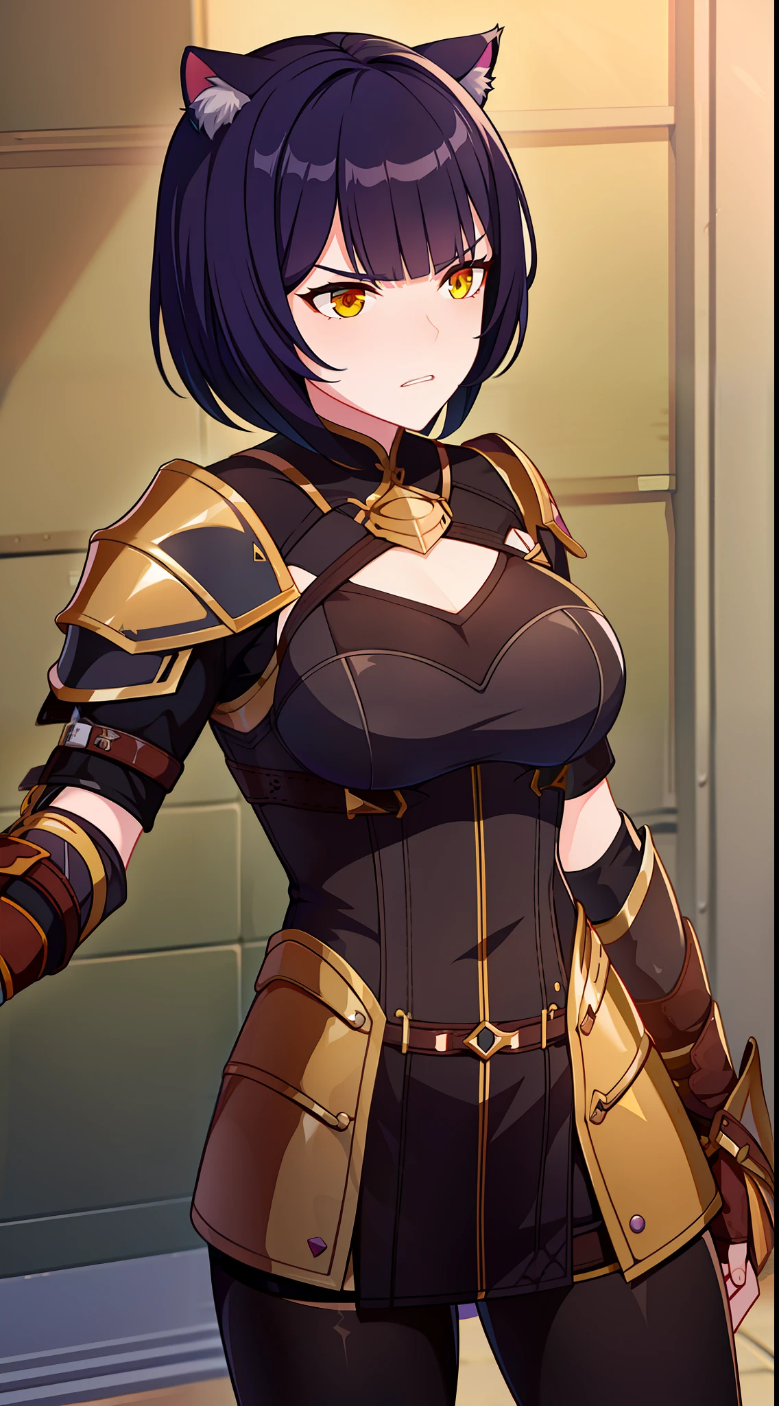 Adult woman, short purple hair, cat ears, Yellow eyes, Tight leather armor, anger, Masterpiece, hiquality