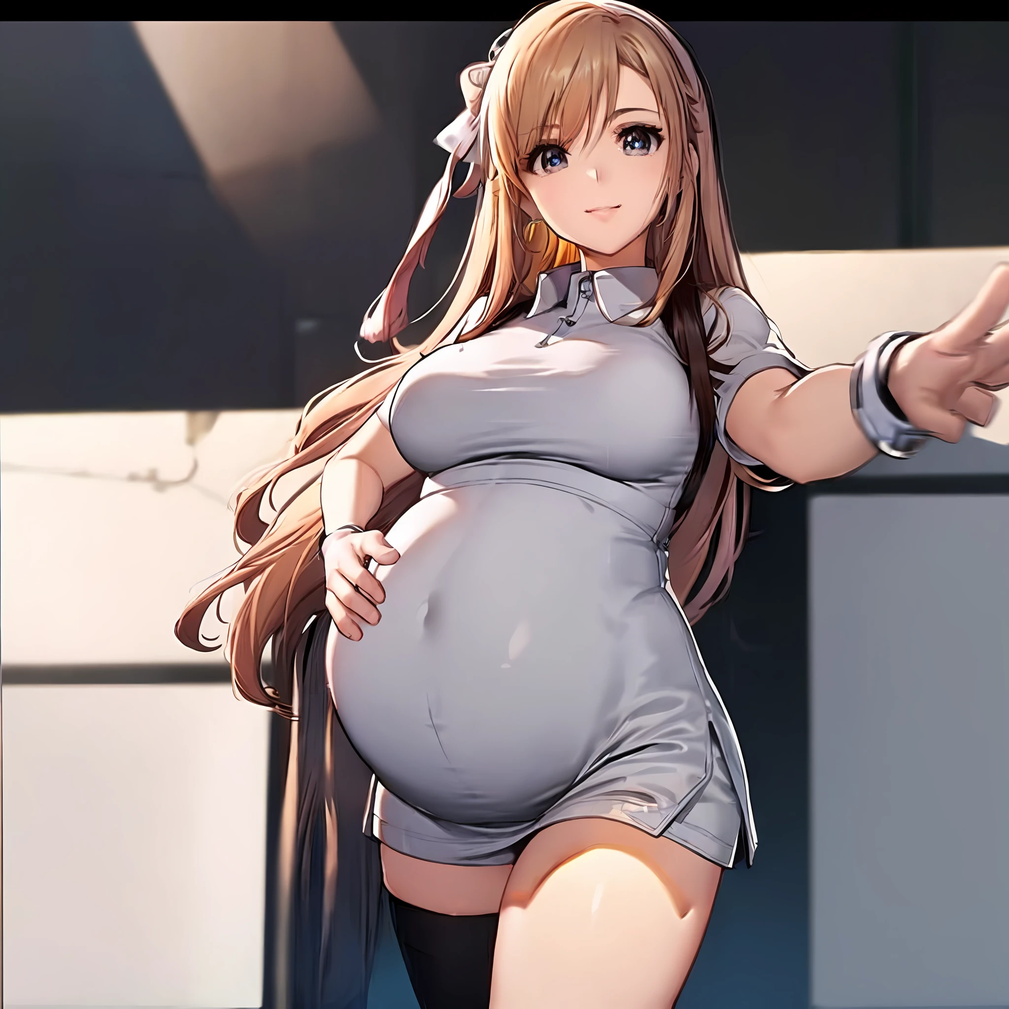 hoang lap、tmasterpiece、Best quality、realisticlying、Hyper-detailing、(Shiny skin,sweat leggs:1.4)、Slim、Look at the audience、1girll、Solo、tennis wear、White polo shirt、White sneakers、white mini-skirt、long whitr hair、silber hair、eBlue eyes、(thick thight:0.5)、动态照明、A high resolution、sharp fokus、depth of fields、Large breasts,Pregnant belly,Pregnant women with,a navel,A pair of hands,ssmile,Eyes are loving,Lines of a tight grid,perfect bodies,Wearing white stockings,Starry sky background