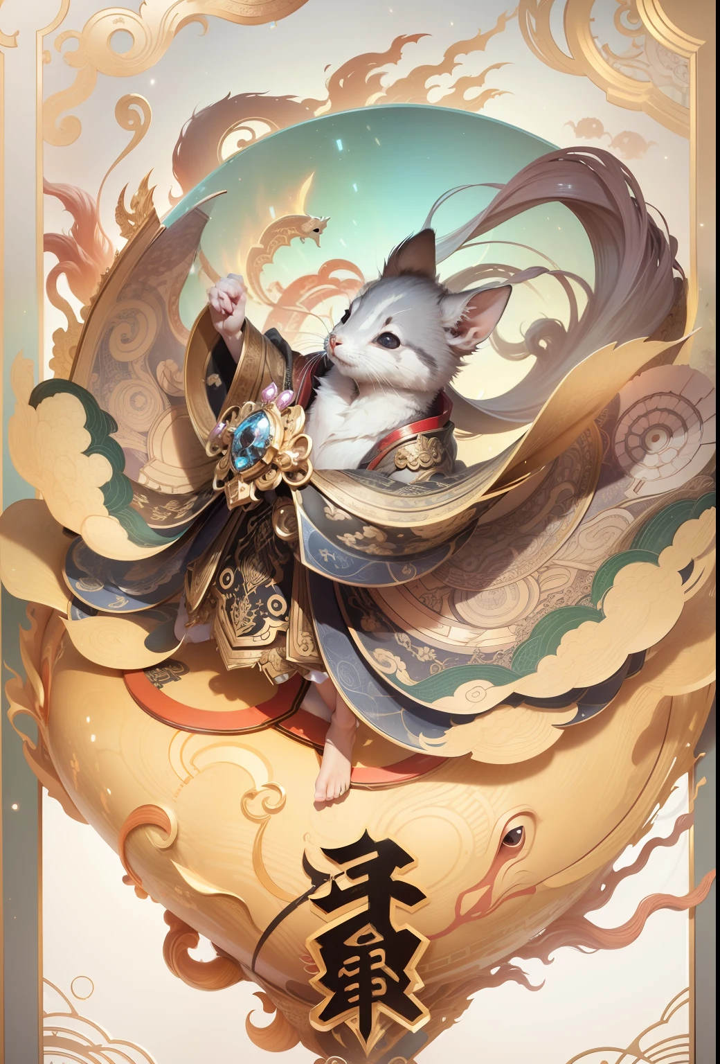 （Extremely detailed 8k wallpapers），复杂，Highly meticulous，Full of drama，Masterpiece, High quality, 4K, Beautiful design, Shiny, From above， (Redshift style:1.1), (analogue style:1.1), Sub-rats，Zodiac rats，ratz，Auspicious clouds，the detail，Clear pattern