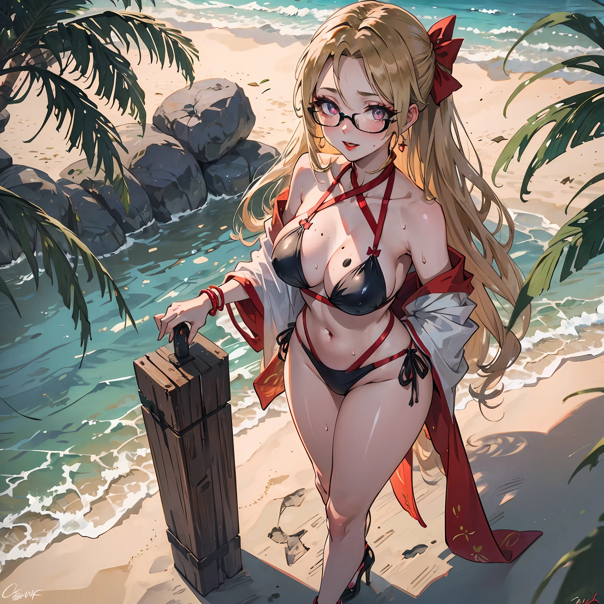 Tsunade, Fifth Hokage, black bikini, blonde hair, signature red markings, redhead bow, purple makeup, seal markings, red tether than gold, naruto, open legs, eyes looking at the camera, golden wavy curls, red string bikini, classic black high heels with red soles, sitting on the beach and looking at the camera, Hawaiian beach in the background with coconut trees, background does not need to be blurred, one foot upturned leg holding black high heels, full body picture, big beauty, big, sweat beads, moles under the mouth, heart pupils, High detail, high detail, full body, sexy lips, European and American mature women, heavy makeup, black-framed glasses without ankle rings, perfect body proportions, head should not be too large, M open legs under mouth mole, under the eyes mole, heart pupils, roll your eyes, moles under the eyes, blush, seductive smile, from above, first-person perspective, high quality, ccurate, fair skin, super detail, high detail, high quality, ccurate, textured skin, bright red lip gloss, looks hot and sexy sweating, Fair skin, small moles on the upper lip, touching her ass --auto