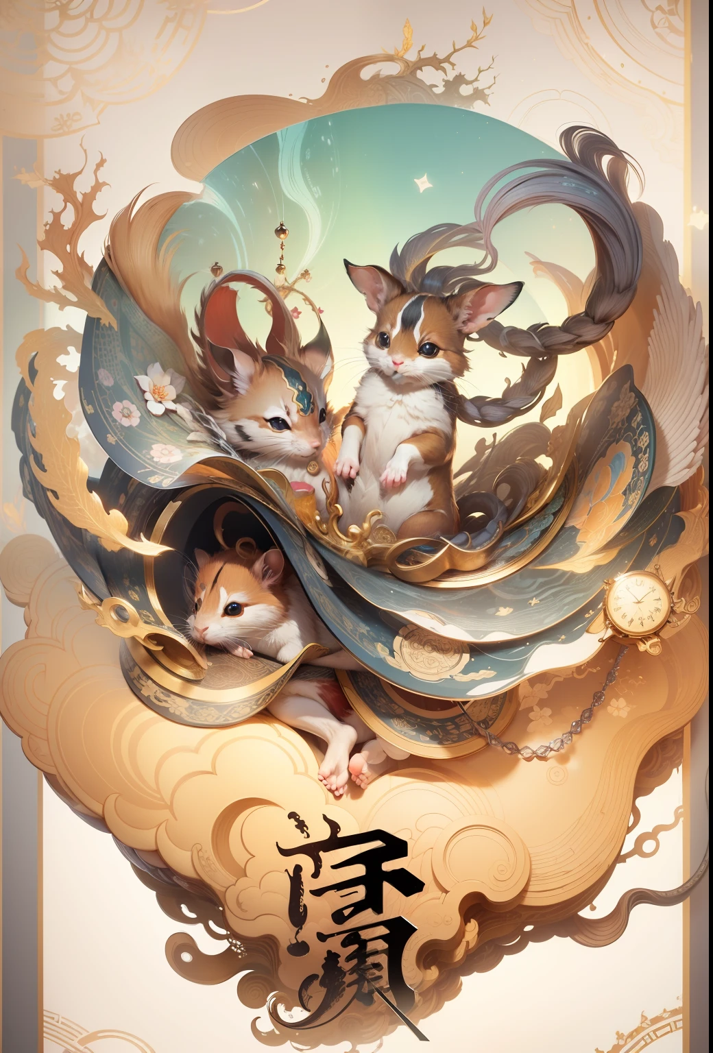 （Extremely detailed 8k wallpapers），复杂，Highly meticulous，Full of drama，Masterpiece, High quality, 4K, Beautiful design, Shiny, From above， (Redshift style:1.1), (analogue style:1.1), Sub-rats，Zodiac rats，ratz，Auspicious clouds，the detail，Clear pattern