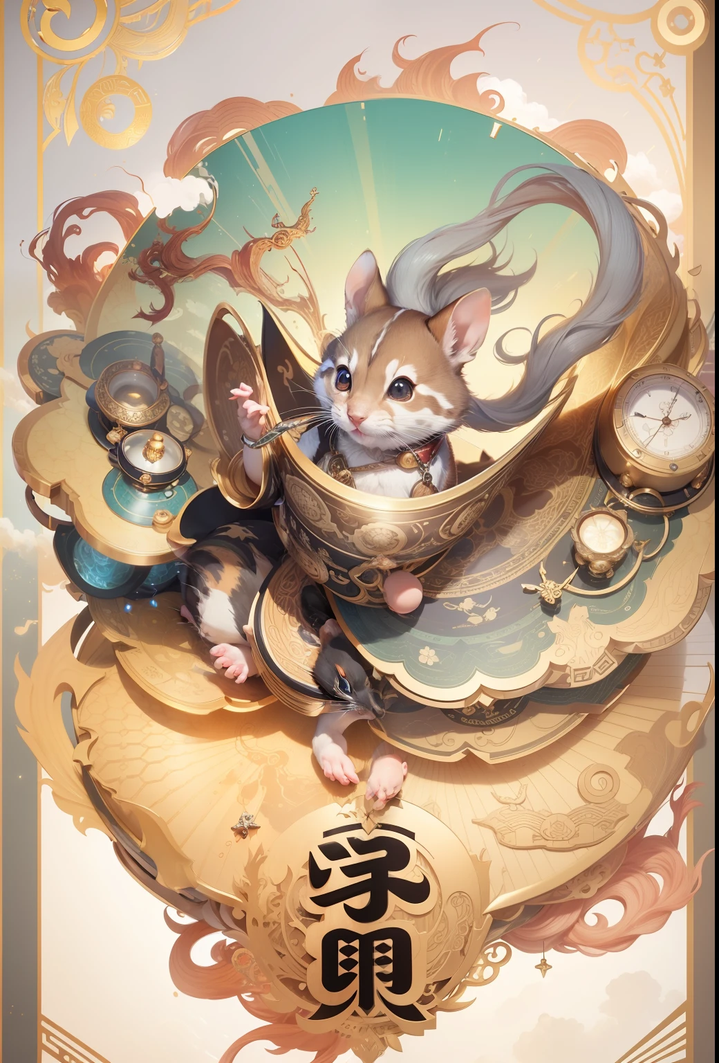 （Extremely detailed 8k wallpapers），复杂，Highly meticulous，Full of drama，Masterpiece, High quality, 4K, Beautiful design, Shiny, From above， (Redshift style:1.1), (analogue style:1.1), Sub-rats，Zodiac rats，ratz，Auspicious clouds，the detail，Clear pattern