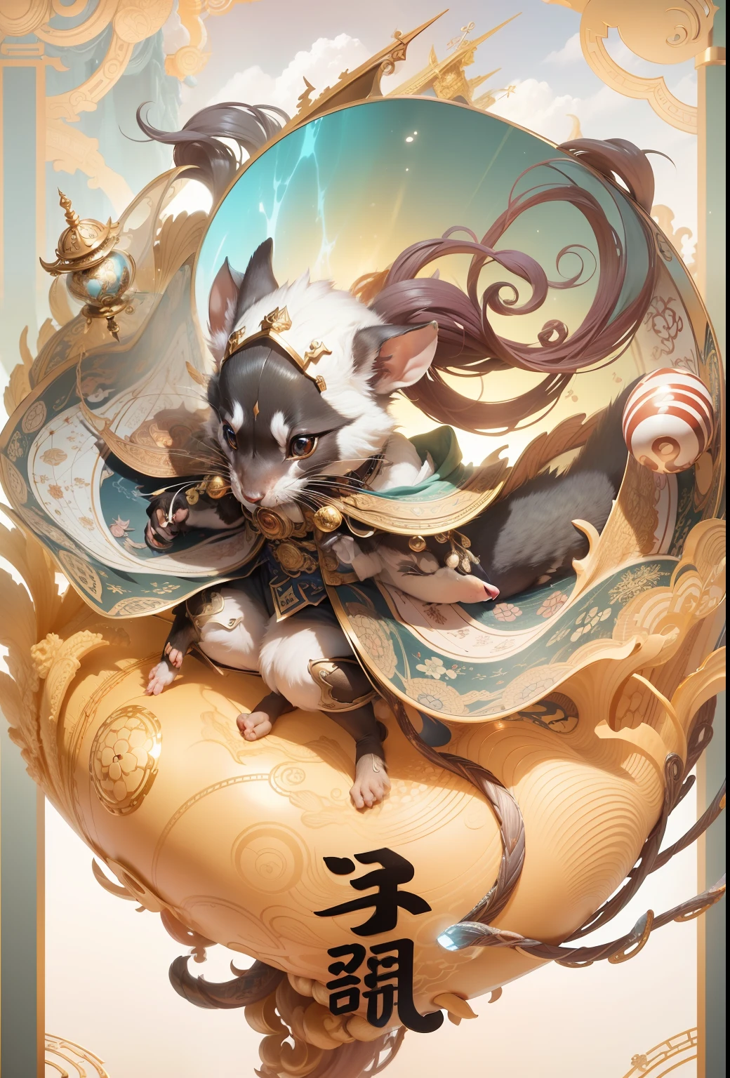 （Extremely detailed 8k wallpapers），复杂，Highly meticulous，Full of drama，Masterpiece, High quality, 4K, Beautiful design, Shiny, From above， (Redshift style:1.1), (analogue style:1.1), Sub-rats，Zodiac rats，ratz，Auspicious clouds，the detail，Clear pattern