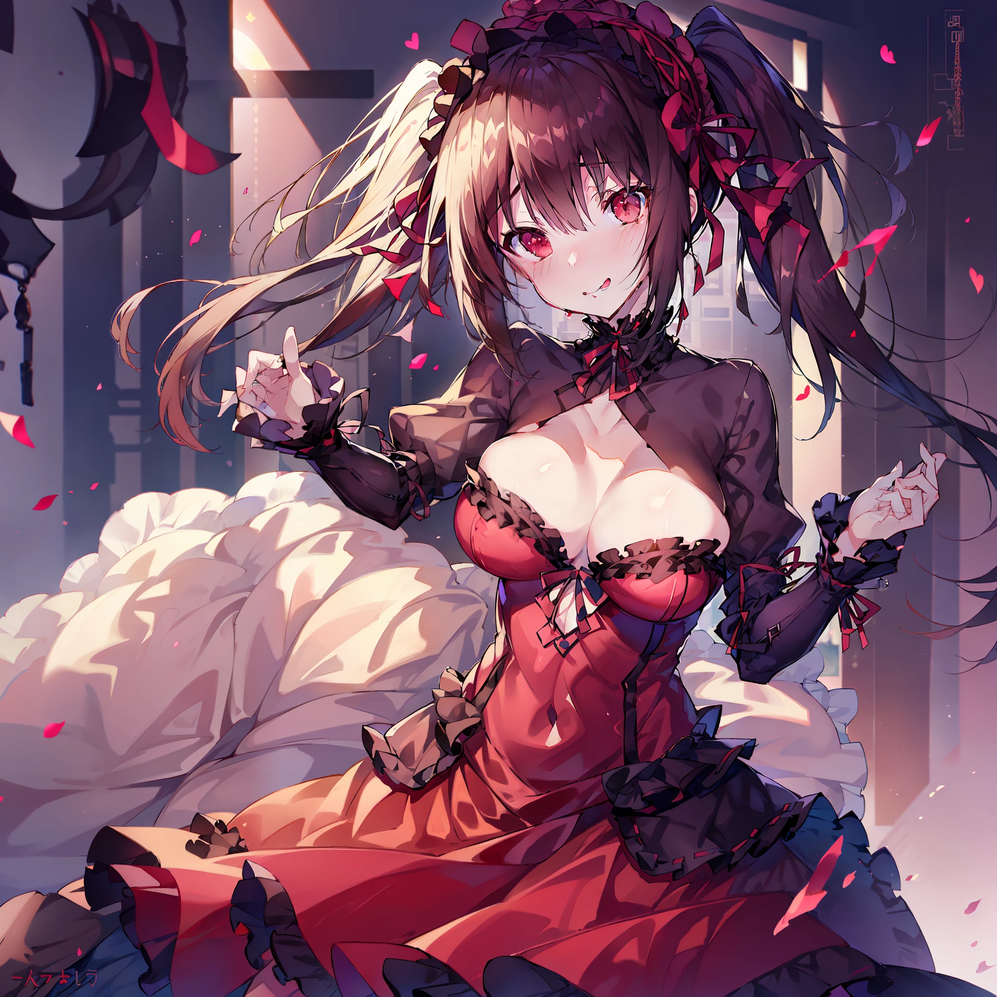 one-girl,Wear a comfortable wedding dress,full bodyesbian,(big laughter:1.1),(with her mouth open:1.1),(opens his eyes wide:1.2),strong lights,Background bokeh,depth of fields,blur backgroun,light particules,strong winds,(Heart particles:1.1)Sweat Wet,Exaggerated expressions,Red collar,Bigchest,desire big breasts ,femdom,Libido,Libido,Desire for dissatisfaction,coquetry,high high quality,squatt,Tongue baring,Tongue baring,Chest compressions,Kinky laughter,Obscene,A queen