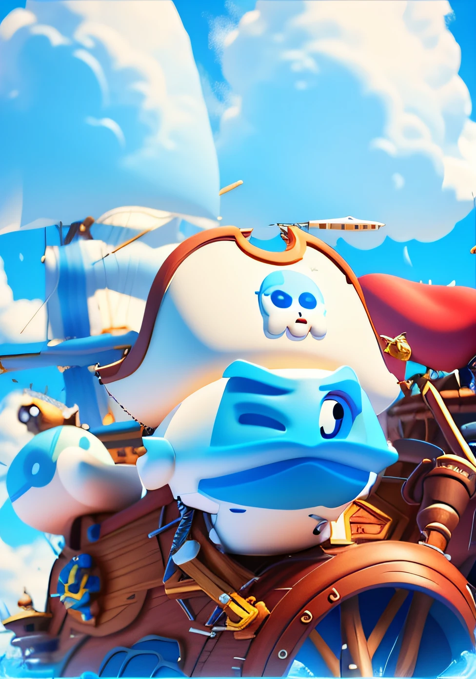 poster for，Background blue sky white cloud Pixar style，3D，A pirate pilots a pirate ship，Cartoon Cute，Lots of detail，sense of space front and rear is obvious，The picture should be impactful