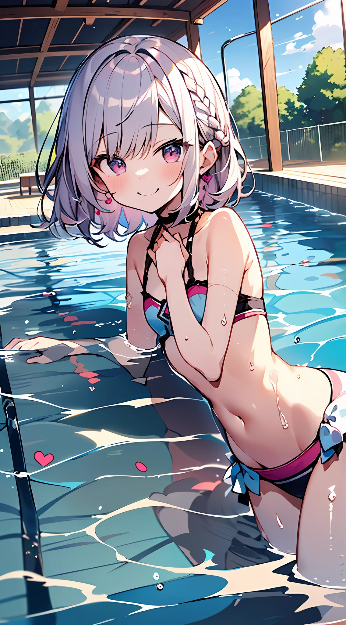 (Incredibly ridiculous absolute resolution:1.5)、hiquality、top-quality、masuter piece、Anime girl in pink and white bikini, 魅惑的、Anime Loli, 8k Manga Wallpapers, heart mark、Smile、Shy laughter、((small curvy loli))、pretty anime girl,((swimming pools))、(Medium Shorthair)、(short braided hair)