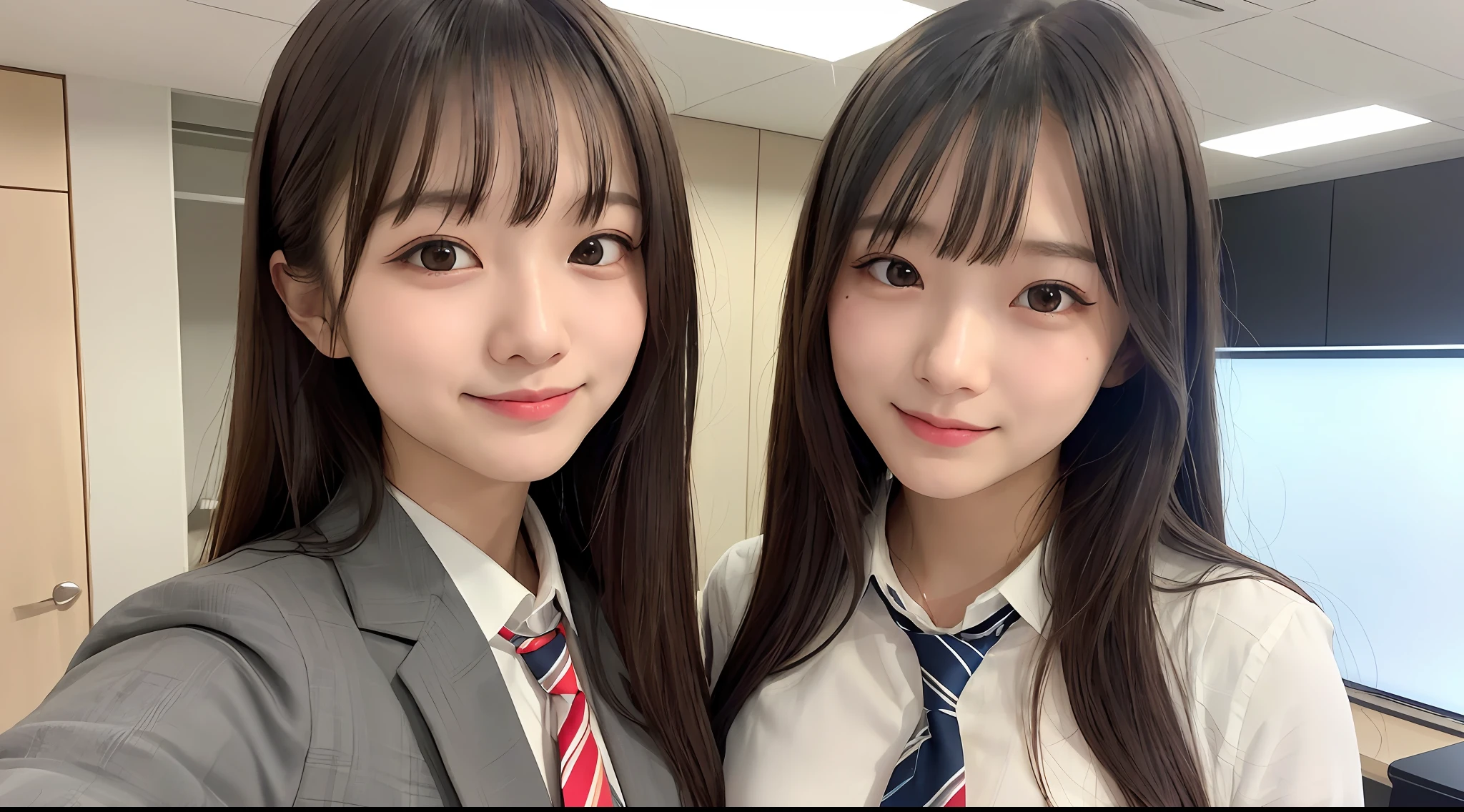 女の子1人、22 year old girl、Y shirt、neck tie、hairstyle on(A dark-haired)、a picture、realisticlying、top-quality、adopt、A detailed face、s Office、a desk、细致背景、diffuse sunlight、depth of fields、独奏