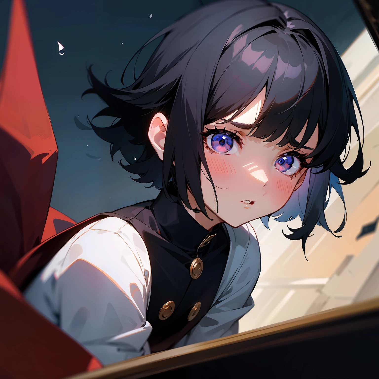 the girl with black hair,short detailed hair,effeminate,astonishment,panic-stricken,Under the moonlight,teardrop,Be red in the face,quibble