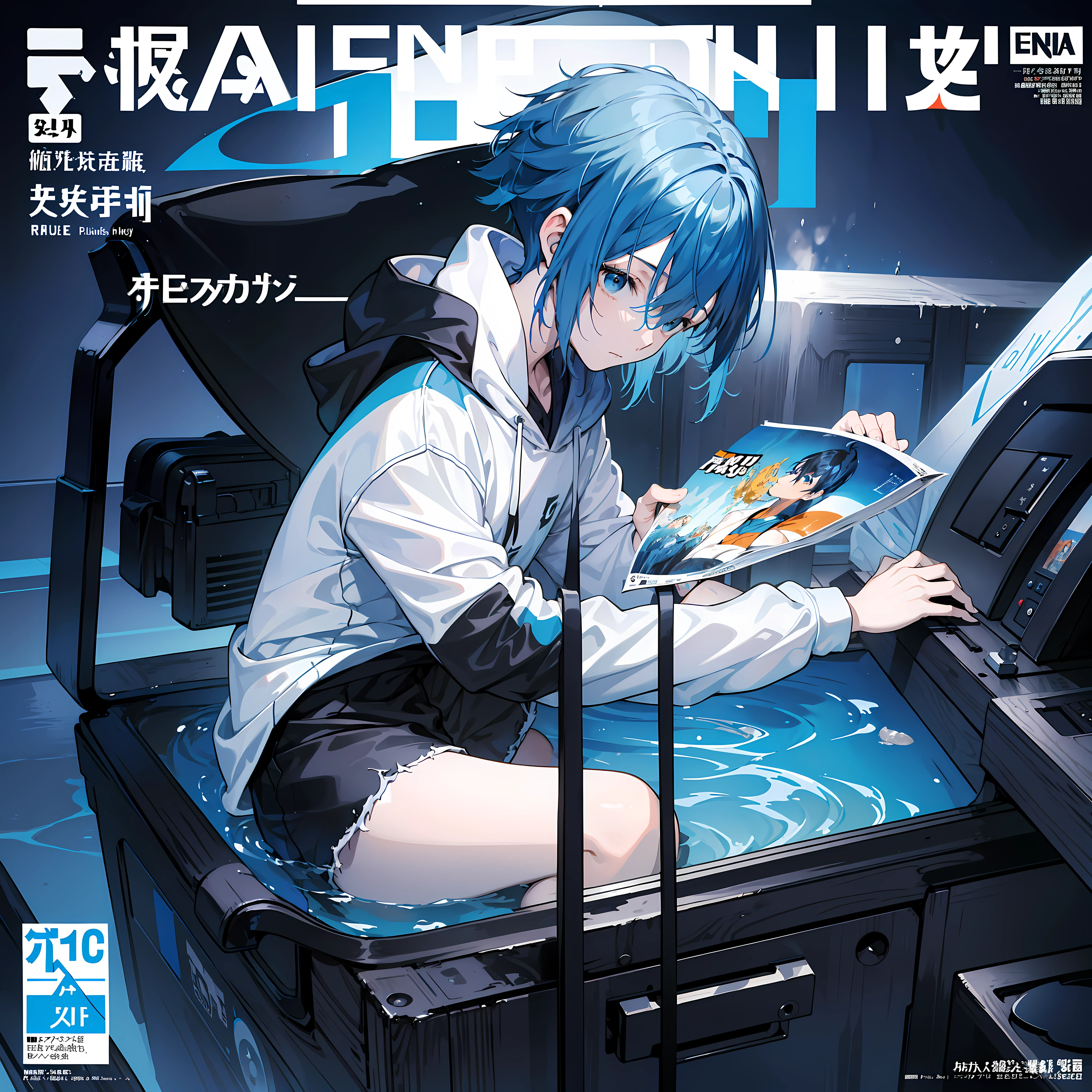 masterpiece, best quality, full body, (1boy), (blue hoodie), (Boy Messy Japanese Round Haircut for Thick Hair), (blue hair), black shorts, (solo), (magazine:1.3), (cover-style:1.3), fashionable, under water, fantasy