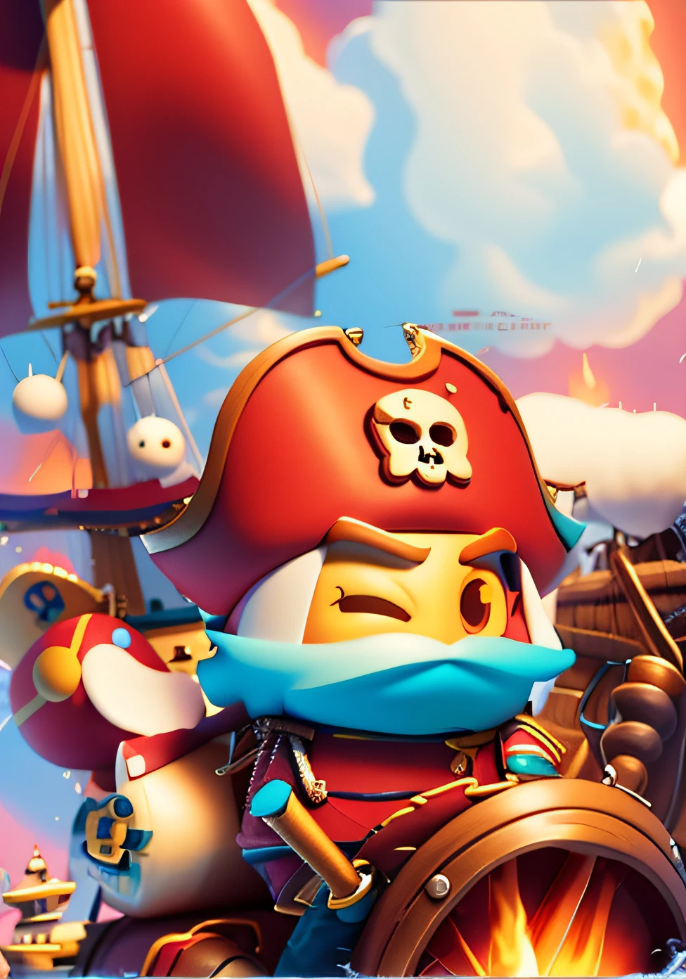 poster for,3D,A pirate pilots a pirate ship,Cartoon Cute,Lots of detail,sense of space front and rear is obvious,The picture should be impactful