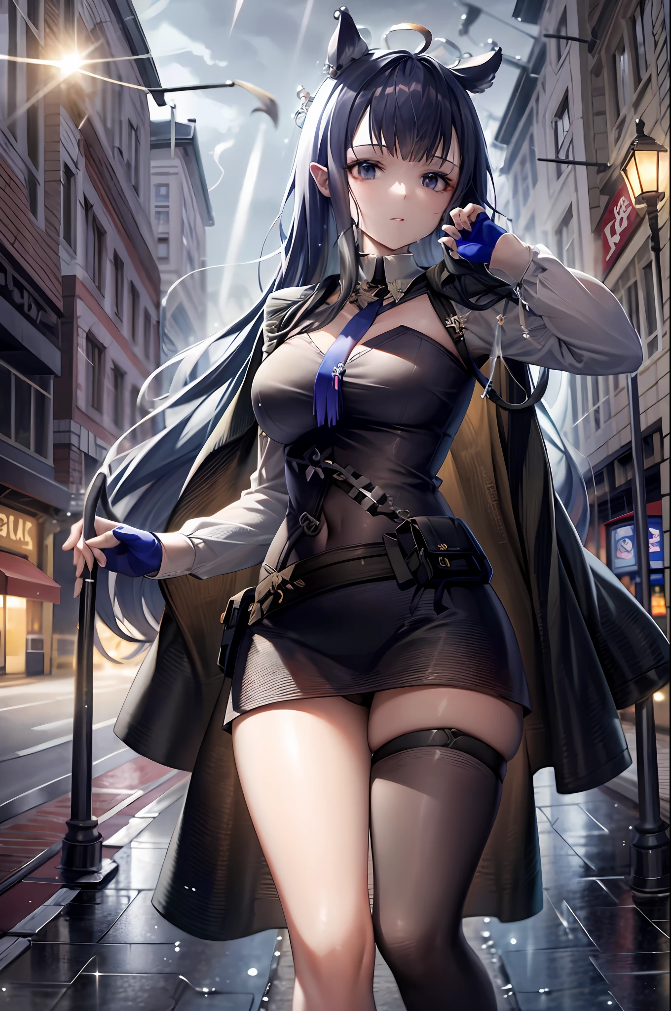 magine an ultra-detailed image of Ina as a devil in the guise of a Kpop idol. Ina is wearing a sexy outfit with a tube top and a black skirt with thigh-high stockings on her. Her eyes and hair are extremely detailed with realistic lighting and shadows. Ina is standing downtown on a rainy night with blurred traffic lights and road signs in the background. The image is a masterpiece in ultra high resolution, with impressive details that show the quality of the artwork. The hard focus and depth of field are perfect, capturing Ina's beauty and sensuality in detail. The rain after the storm adds a touch of realism and makes the image appear even more detailed and realistic. Lighting is professional and detailed, with radiosity and photon mapping techniques for physically based rendering. The result is a realistic and photo-realistic image that shows Ina as a seductive demoness with weapons at her waist, with a realistic reflection of the light coming from the sky. The image is a combination of modern and dark styles, with impressive details that show the quality of the artwork.