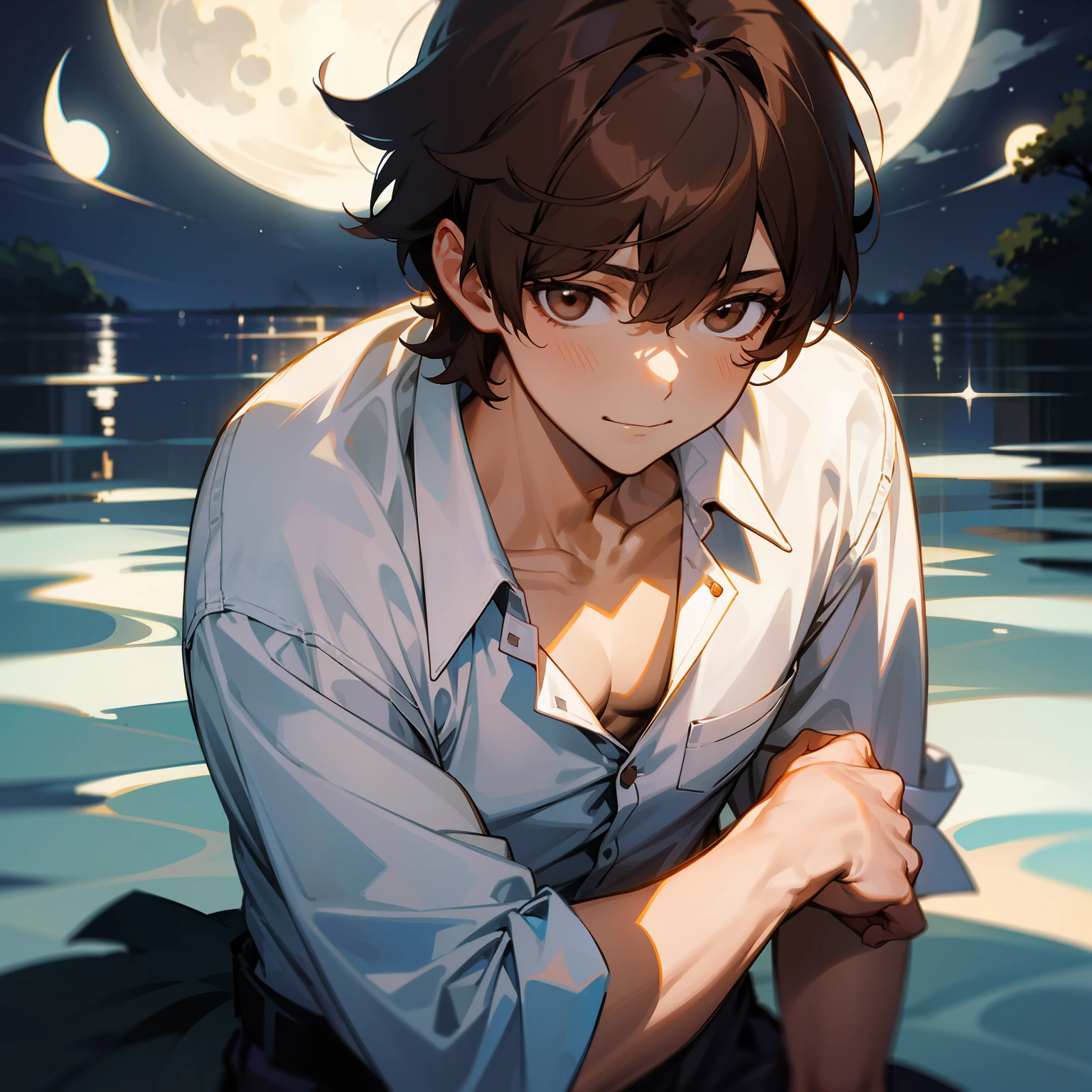 White shirt with loose collar，Brunette boy，Brown eyes，Libido boy，Sly，ssmile，moonlight