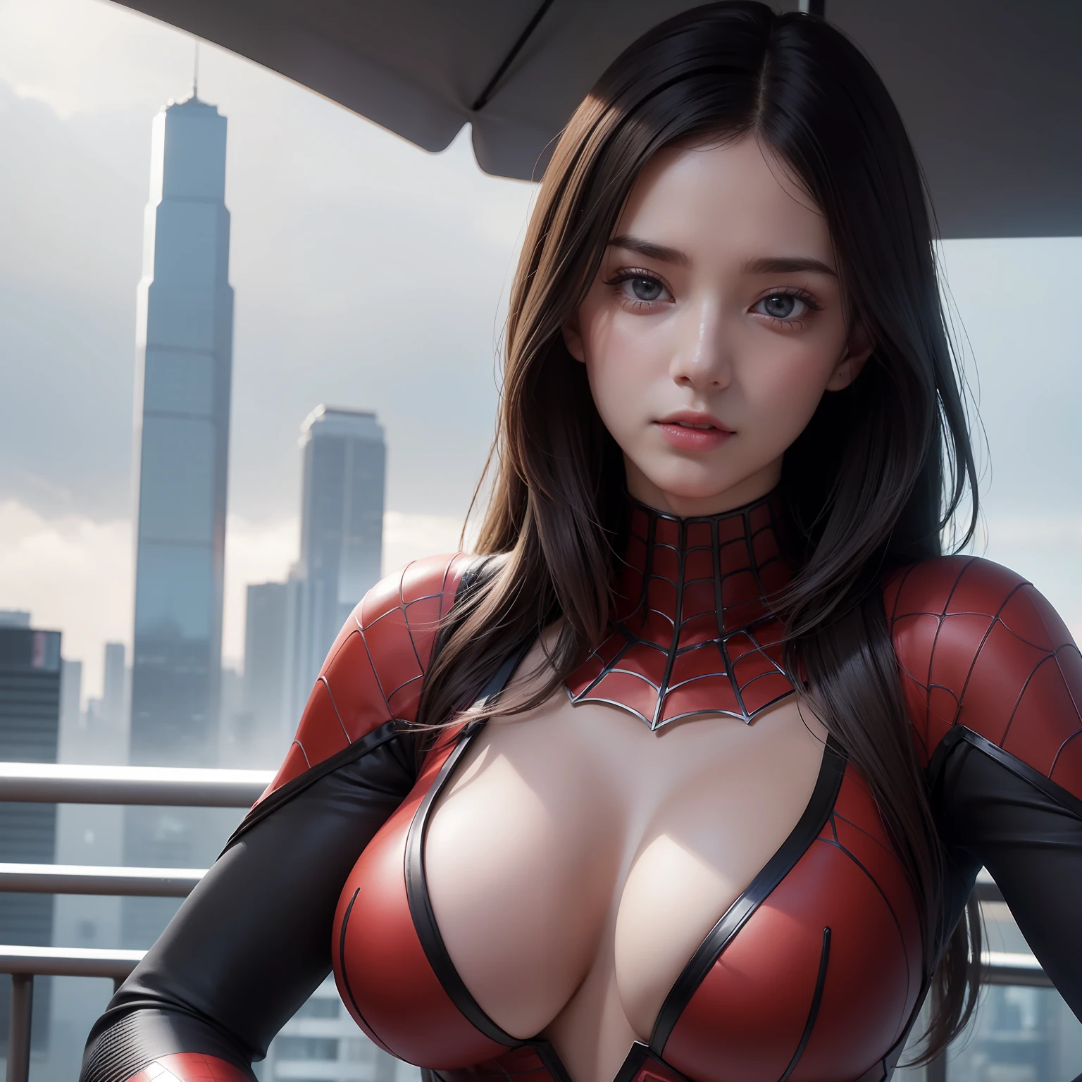 (1girl:1.3), solo, ((very detailed face)))), ((very detailed eyes and face))), beautiful detail eyes, body parts__, official art, unified 8k wallpaper, super detailed, beautiful and beautiful, beautiful, masterpiece, best quality, original, masterpiece, super fine photo, best quality, super high resolution, realistic realism, sunlight, full body portrait, amazing beauty, dynamic pose, delicate face, big breast, vibrant eyes, (from the front), she is wearing a Spider-Man suit, red and black color scheme, spider, very detailed city roof background, rooftop, overlooking the city, detailed face, detailed complex busy background, messy, gorgeous, milky white, highly detailed skin, realistic skin details, visible pores, clear focus, volumetric fog, 8k uhd, DSLR, high quality, film grain, fair skin, photo realism, lomography, futuristic dystopian giant metropolis, translucent