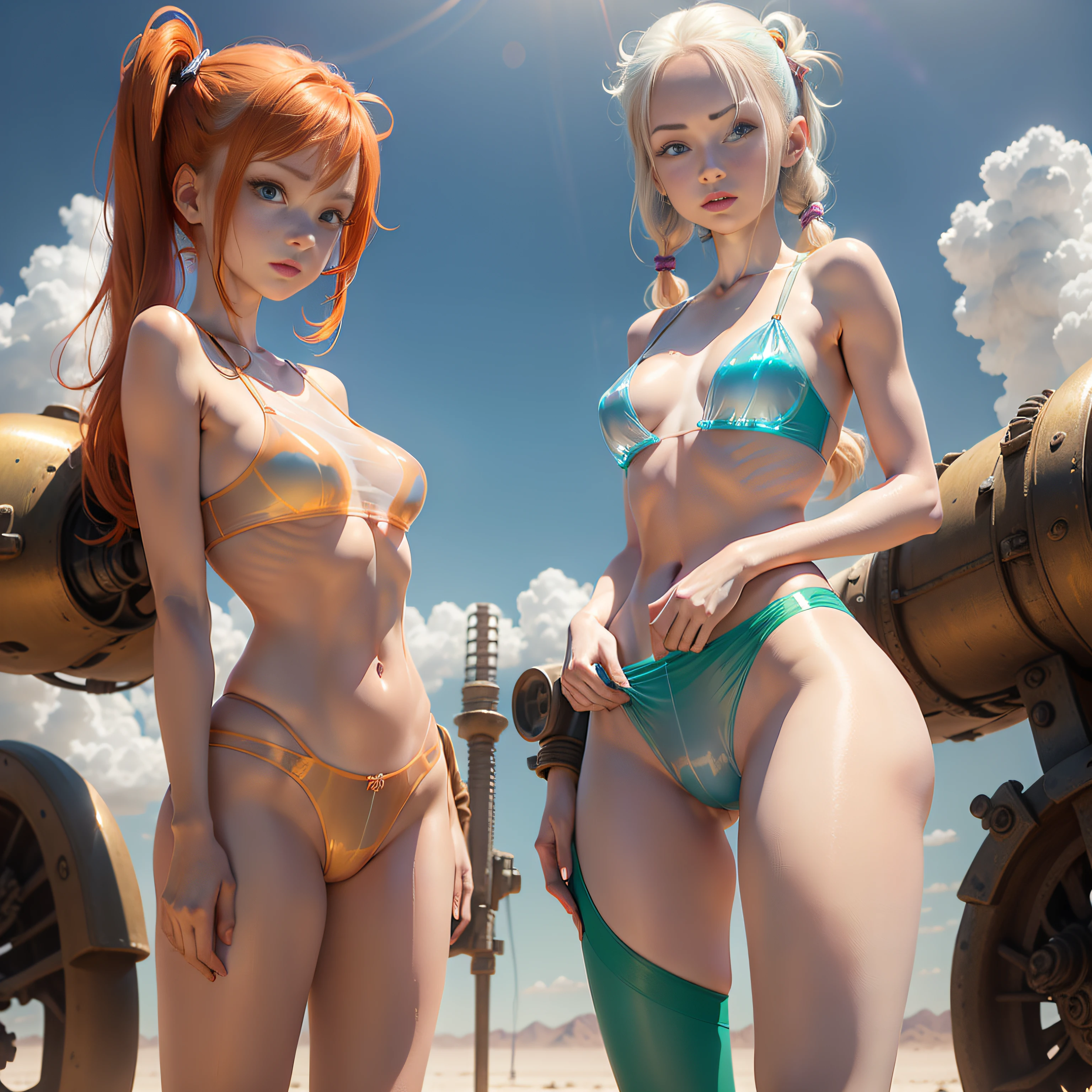 cute redhead woman in twin tails, multiple rainbow colored hair, beautiful sky-blue eyes, happy, Ukrainian, petite, (pale skin), smooth soft skin, wearing a ((translucent)) green metallic color bikini, (camel toe), (anatomical breasts), (translucent pantyhose on legs, thihgs and arms), post apocalyptic background, bleak barren desert, photo realistic woman.