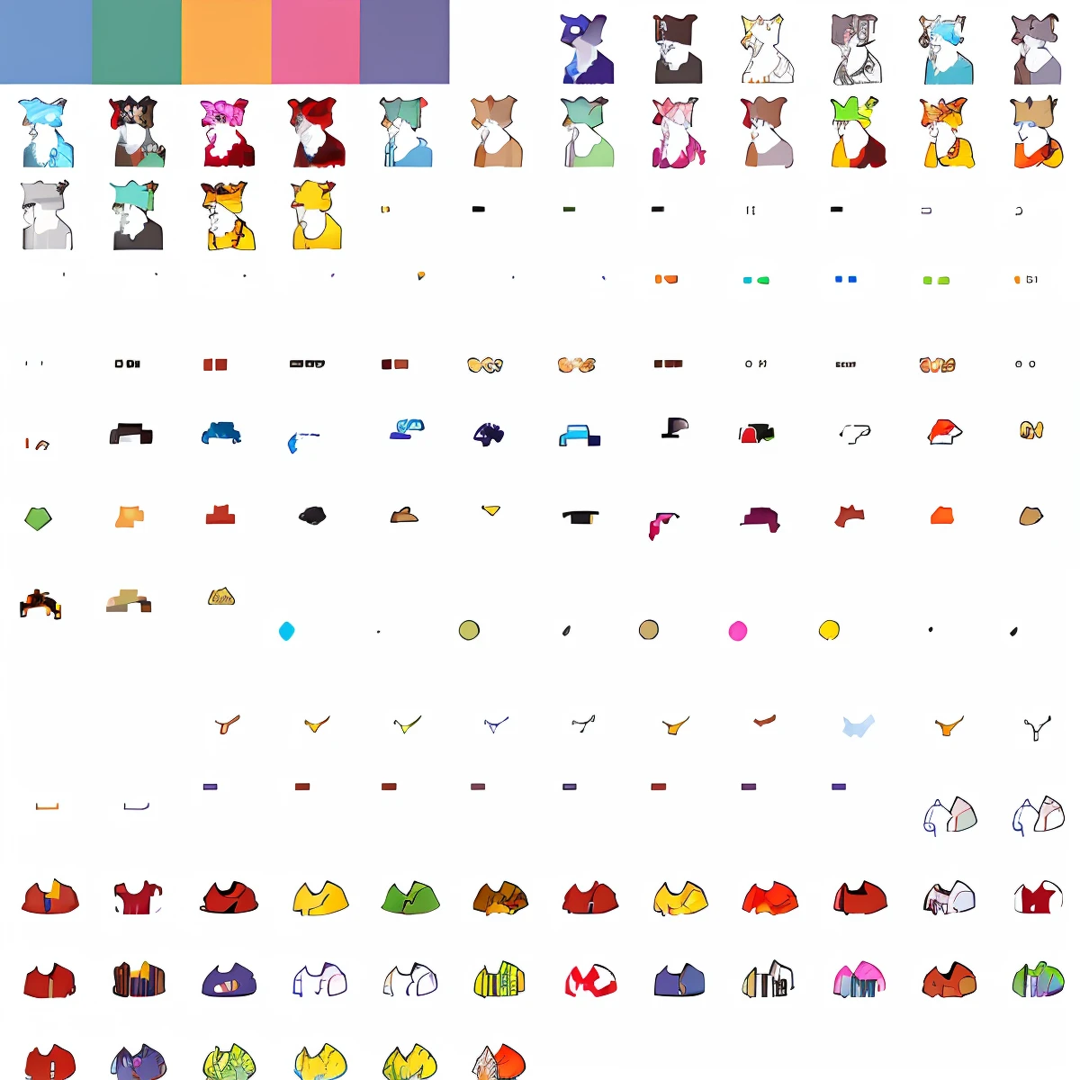 there are many different colored hats on a black background, sprite sheet, set of high quality hd sprites, spritesheet, vfx spritesheet!!!!!, game concept art sprite sheet, 2 d sprites asset sheet, 2 d sprites, ( ( glitch art pixel sorting ) ), anime color palette, glitch color palette, psd spritesheet, 1 6 bit colors