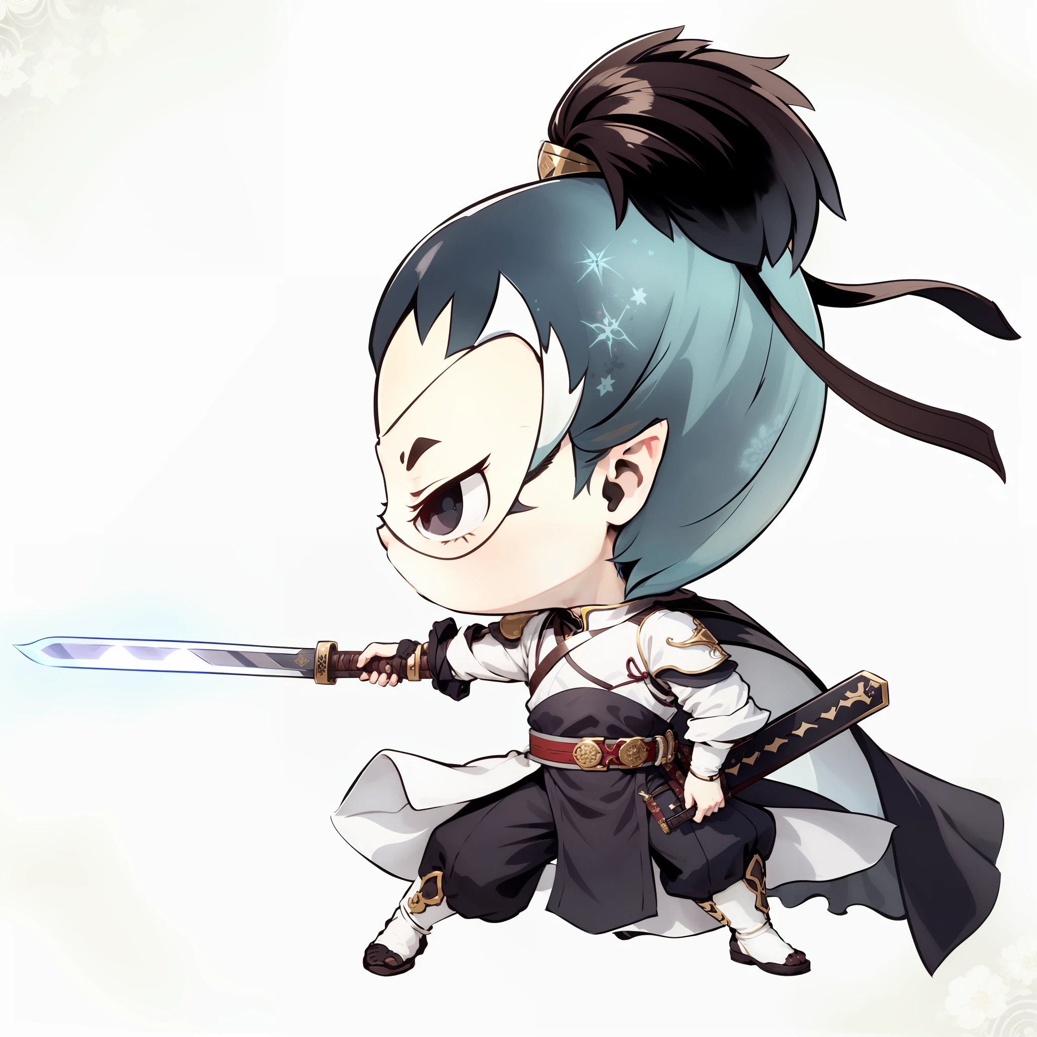 Chibi anime characters，The sword，sword sheath，There is a beautiful pattern on the scabbard，Refinement，Fine painting，Refinement，infinite details，high definition detail，Delicate belt，Belt accessories，Male characters，Blindfolds，sideface，swordsman，dark colored hair，Patterned，Pattern，Blank background，Bright colors，Metal edging