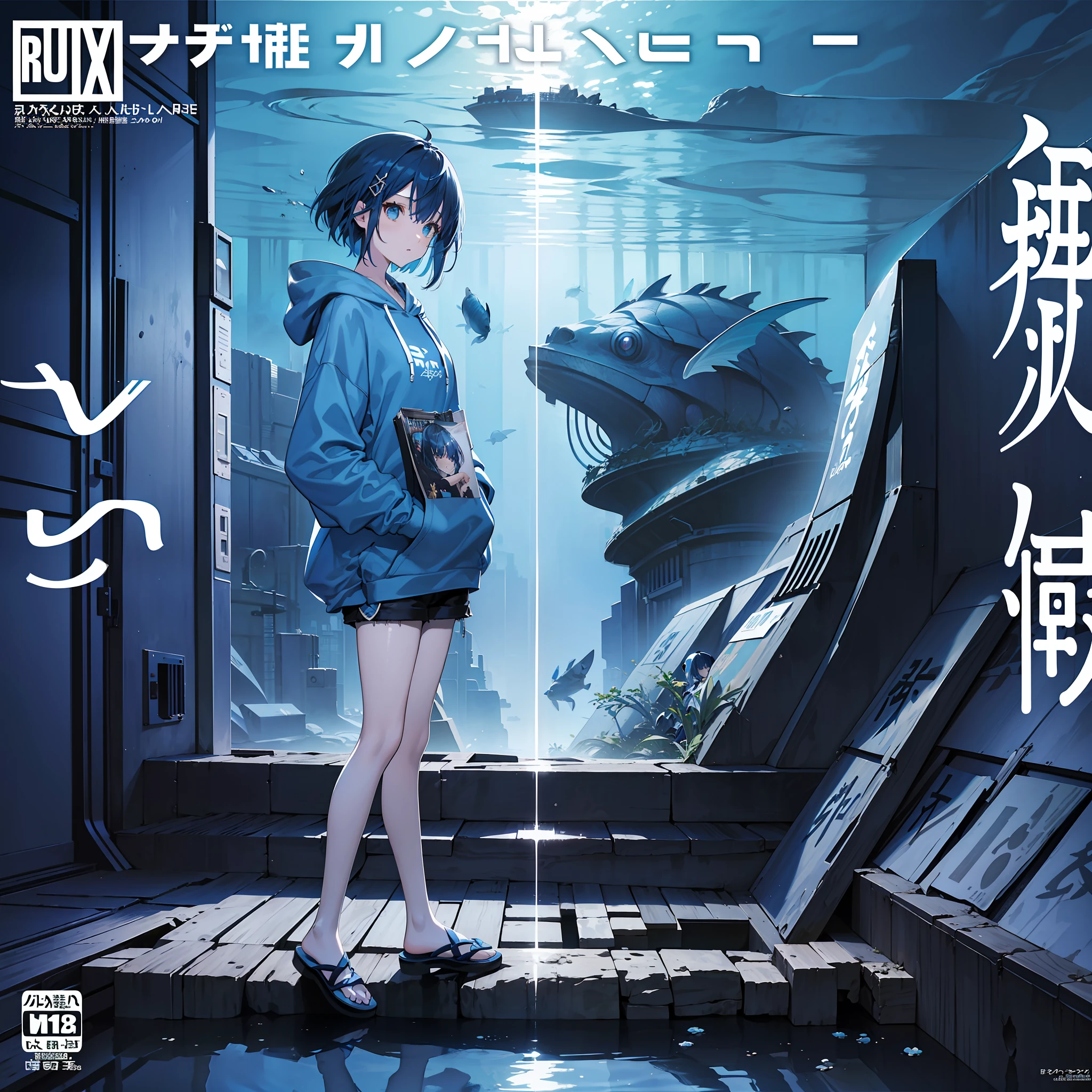 masterpiece, best quality, full body, (1girl), (blue hoodie), (girl Messy Japanese Round Haircut for Thick Hair), (blue hair), black shorts, (solo), (magazine:1.3), (cover-style:1.3), fashionable,Under water, (in side tunnel aquarium), fantasy mood