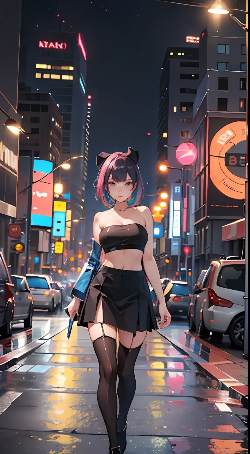 So, imagine an image of Ina in an outfit similar to the girl in the previous prompt. Ina is dressed in a tube top and a black skirt with thigh-high stockings on hers. Her hair and eyes are detailed with realistic lighting and shadows. Ina is standing in the middle of the street, absorbed in her cell phone, oblivious to her surroundings. The image is a high quality masterpiece that shows the beauty and sensuality of Ina in a modern and urban style. The lighting is vibrant and colourful, bringing out the details of the image against a background of a vibrant city. The image shows Ina in an urban setting, surrounded by buildings and bright lights.