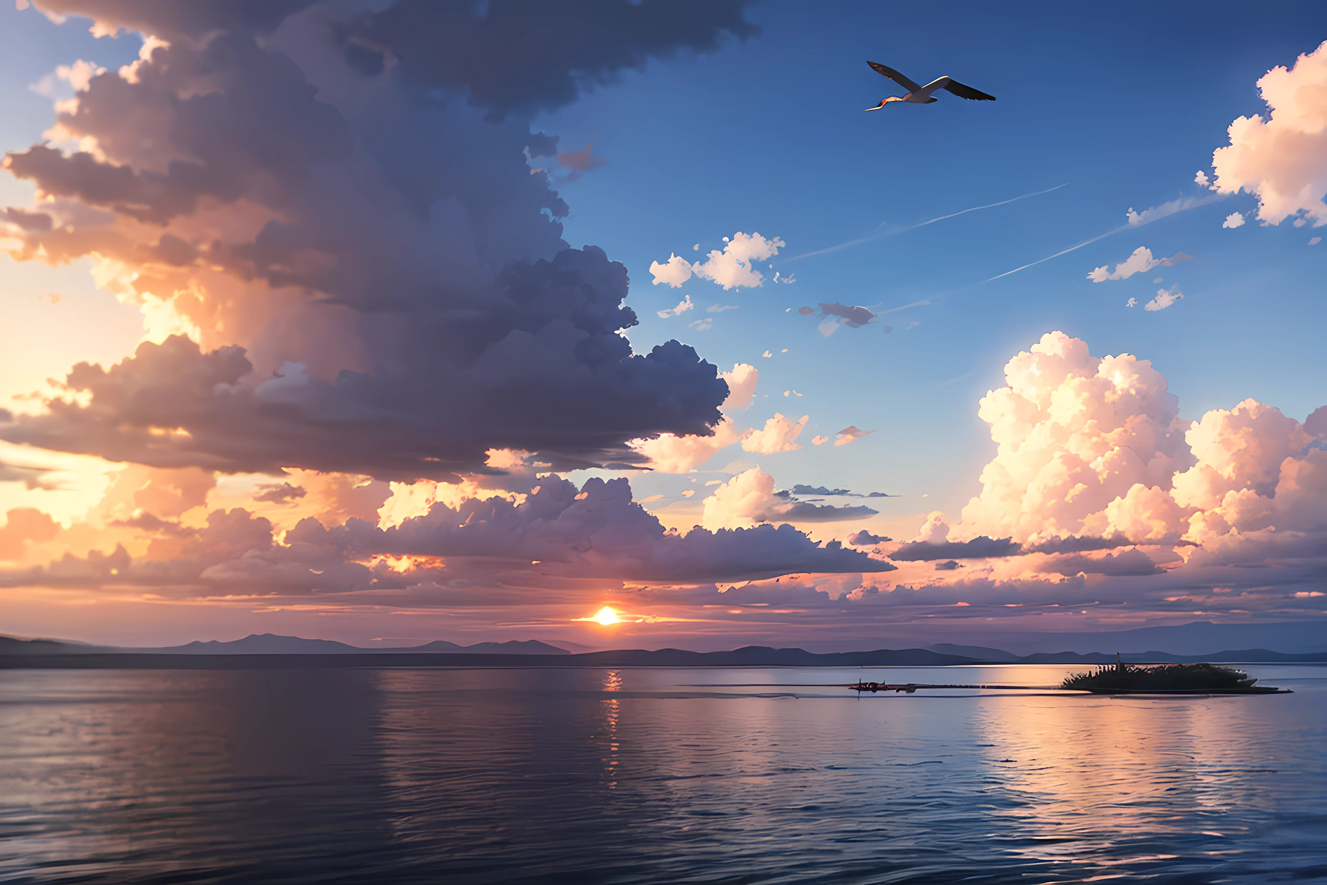 Estilo de Makoto Shinkai,liberta,Huge lake,Flocks of birds,Blue sky,Three-dimensional clouds,masterpiece,