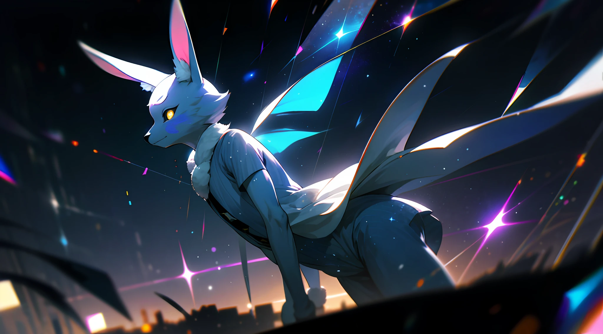 furry anthro kemono rabbit wearing bunny ears, furry anthro kemono blue-furred rabbit, (bna beastars rabbit), (glowing stars through the air:1.1), blurry background, bokeh, depth of field, starry skyline, far from city, alone, fearful, hopeless, magic, magical, fantastic, dark hue, haze