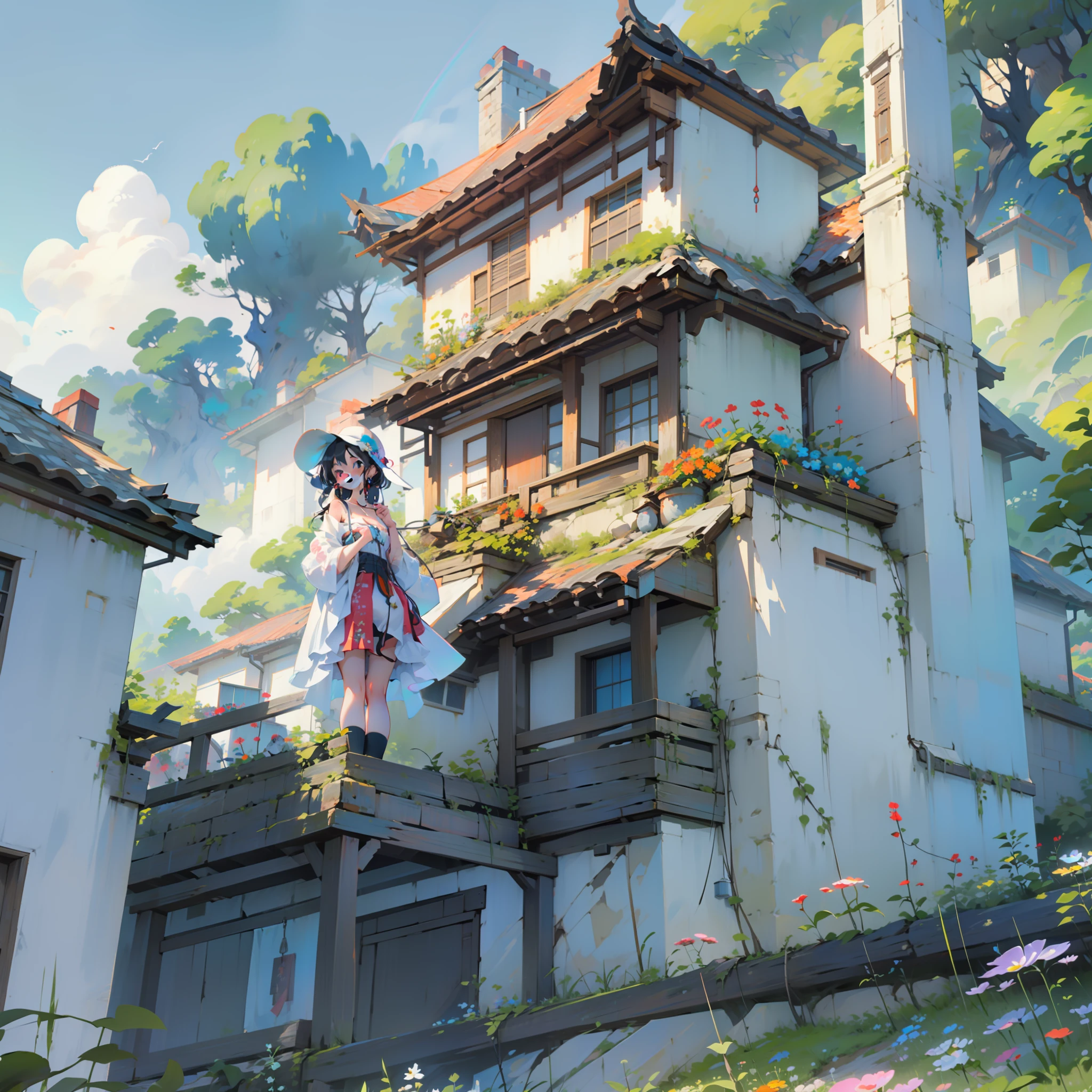 Whole body, 女の子1人、himawari、Taoyuan Village, countryside, countryside, mountainscape, Summer, Sunlight, 🌻, Beautiful scenery, Cyan sky, ●S500 ●Rainbow No. 5