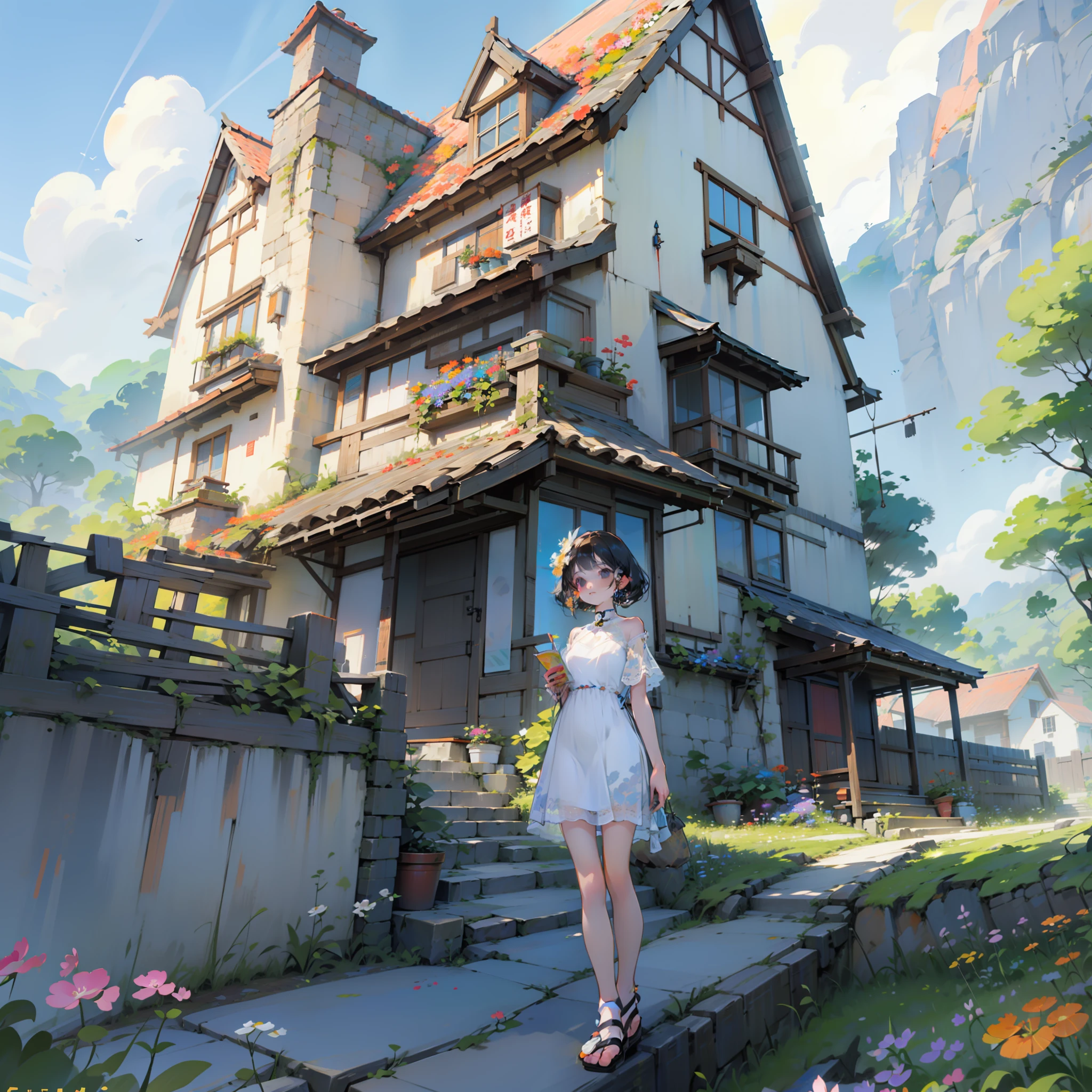 Whole body, 女の子1人、himawari、Taoyuan Village, countryside, countryside, mountainscape, Summer, Sunlight, 🌻, Beautiful scenery, Cyan sky, ●S500 ●Rainbow No. 5