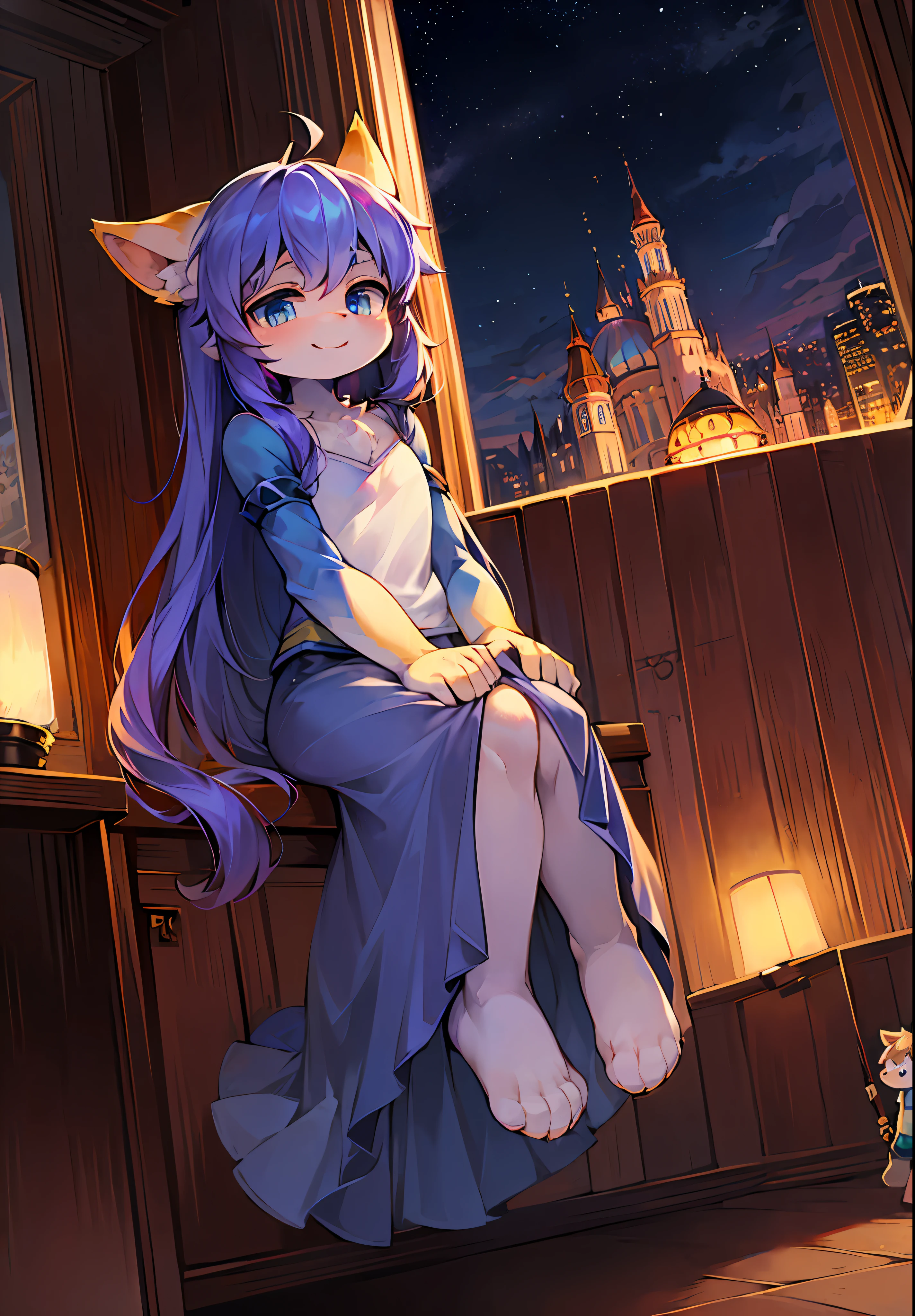 eyes with brightness,in a panoramic view,Focus is prominent,Elevate temperament(0.7),Emphasize background details,Fight independently,Furry female character,Highlight the heroine,Fluffy tail,eBlue eyes,Emphasis on yellowish skin,Young age,Focus on childhood,Cute little man(1.2),Full of smiles(1.2),Strengthen long-haired animals(1.2),Inside perspective,the night,borgar(1.1)