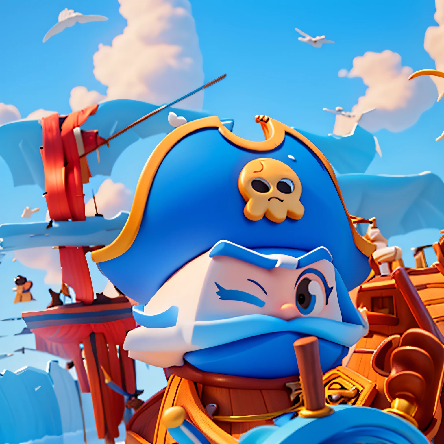 pirate ships,a pirate, little duck，with blue sky and white clouds，Have fun