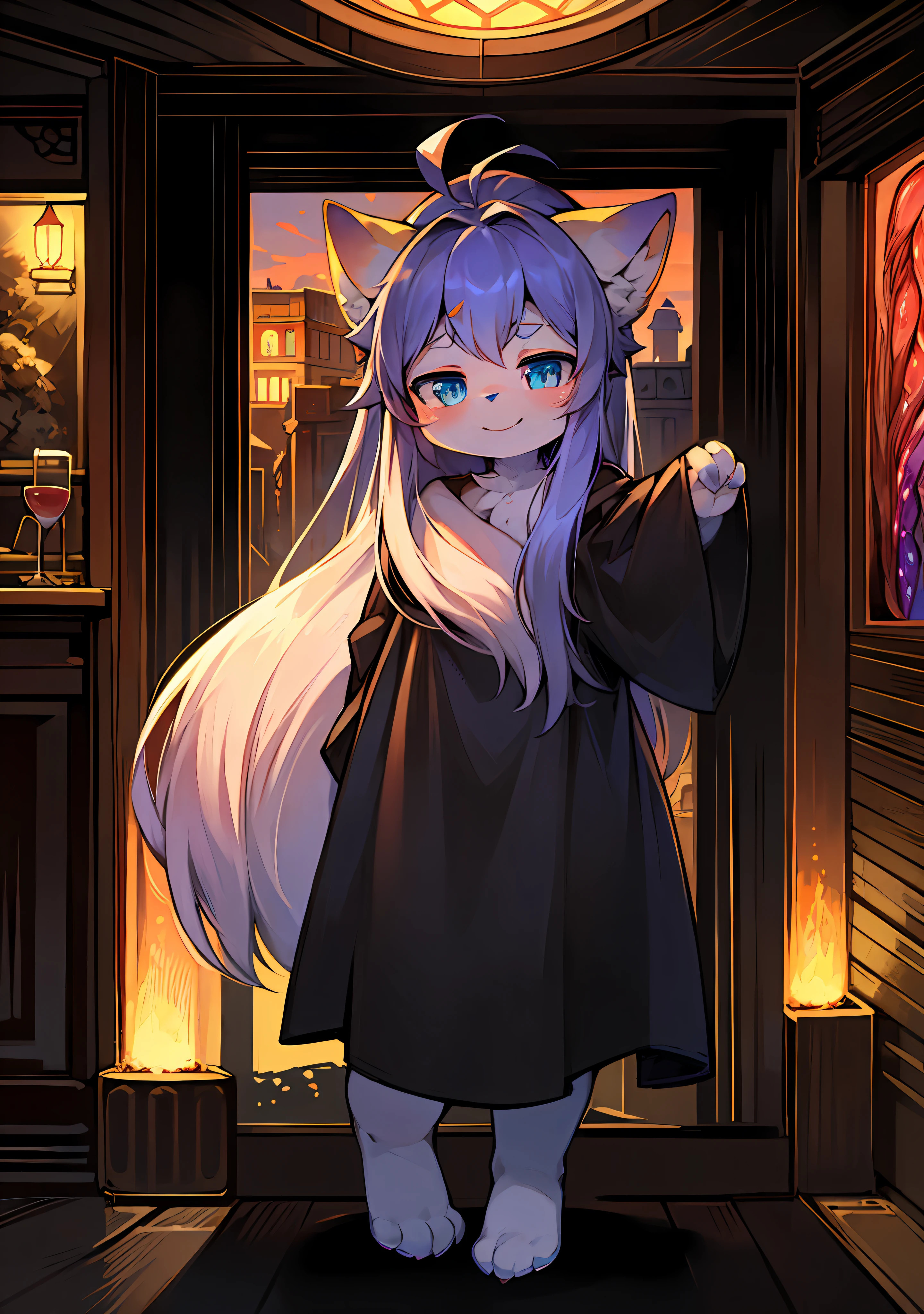 Bright eyes,in a panoramic view,Focus is prominent,Background details for sexual enhancement(0.7),Go it alone,Furry female character,The heroine stands out,Fluffy tail,eBlue eyes,Emphasis on yellowish skin,Younger age,Childhood,Focus on the child,Cute petite emphasis,A smile on his face(1.2),Strengthen long-haired animals(1.2),Internal view、the night、borgar(1.1)。
