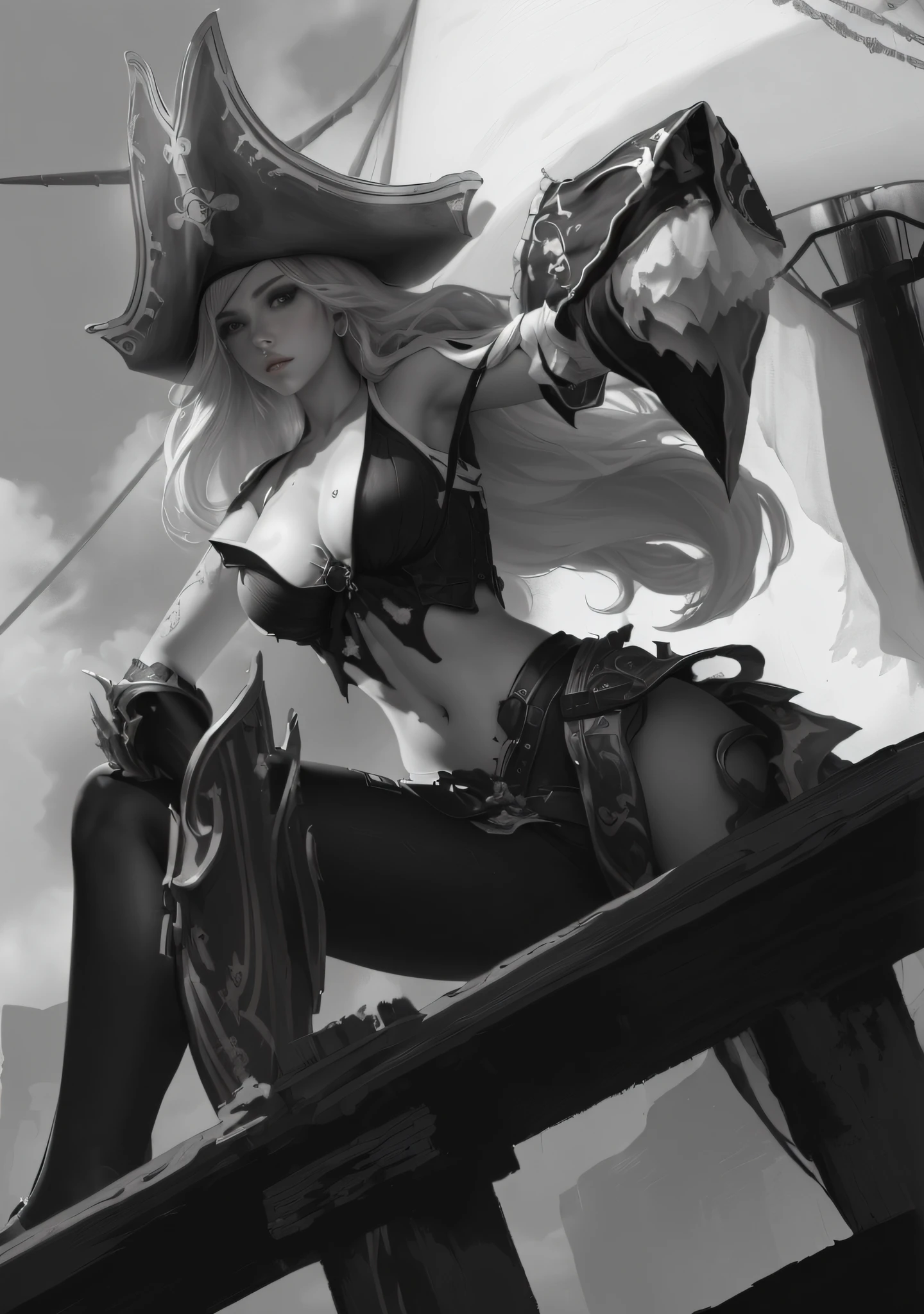 ((Best quality)), ((Masterpiece)), ((Realistic)), (Detailed), Highly detailed skin, 1girll, miss fortune, navel, midrift, Stunning gradient colors, No watermark signature, Detailed background, Pirate ship, Ocean, insanely details, , ((Masterpiece)), absurderes, hdr