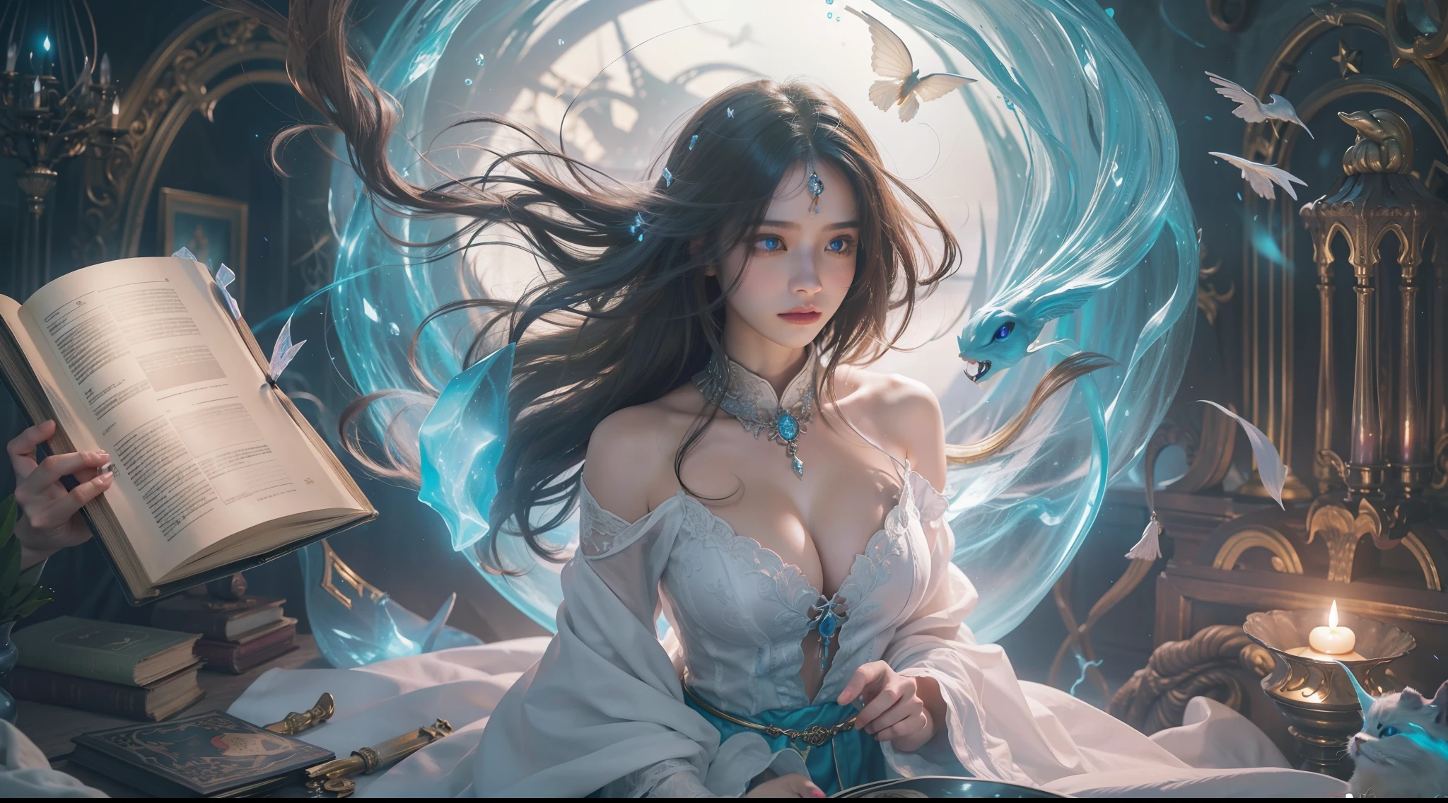 Crystal Castle Sealed in a Book of Magic,Blood,Night, Dark, (Fantasy),infinite,deep blue sky,The abyss of knowledge,Cowledge,((masutepiece)), (((Best Quality))),((Beautiful fine eyes)),(Eye lashes)、Beautiful girl riding a huge white cat、(女の子1人)、Perfect human body structure、Black hair fluttering in the wind、The long-haired、abyss eyes、glowy skin、oils、small tits、Wizard robes、tattered cloth、Realistic coat、Teenchi、Super delicate CG Unity 32k wallpaper、​masterpiece, ((ultra-detailliert)), ((illustratio)),colourfull,wall-paper,The energy,Unknown terror,Incomprehensible,Around the magic,Magical surroundings,magic wands,Boken,Flying pages,Know everything,Predict the future、Get to know the past、Infinite wisdom、blue flames、Warlock、magic circles、Pentagram、Spells、mantra、Singing magic