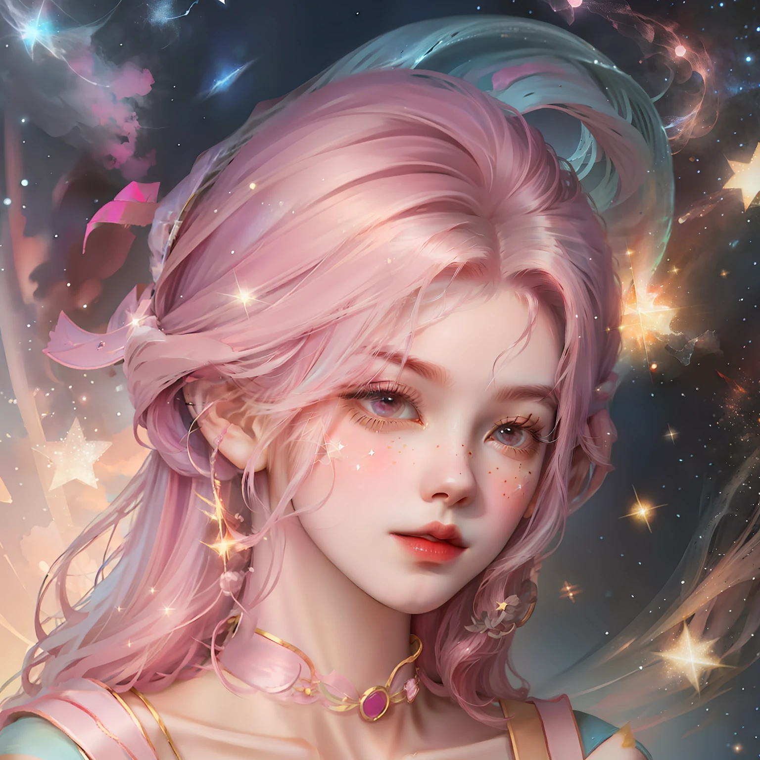 Girl pink hair，background starry sky，The stars twinkle