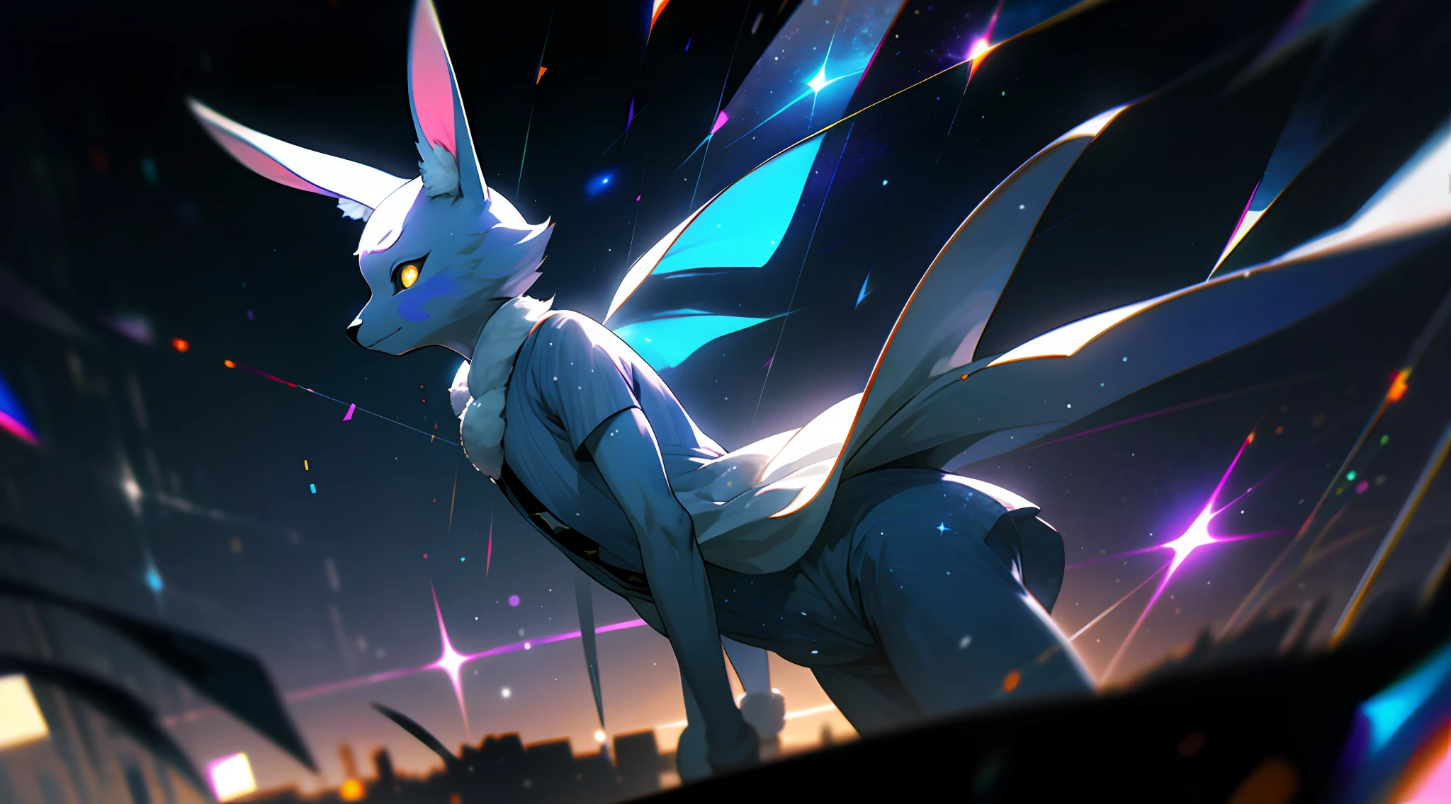 furry anthro kemono rabbit wearing bunny ears, furry anthro kemono blue-furred rabbit, (bna beastars rabbit), (glowing stars through the air:1.1), blurry background, bokeh, depth of field, starry skyline, far from city, alone, fearful, hopeless, magic, magical, fantastic, dark hue, haze