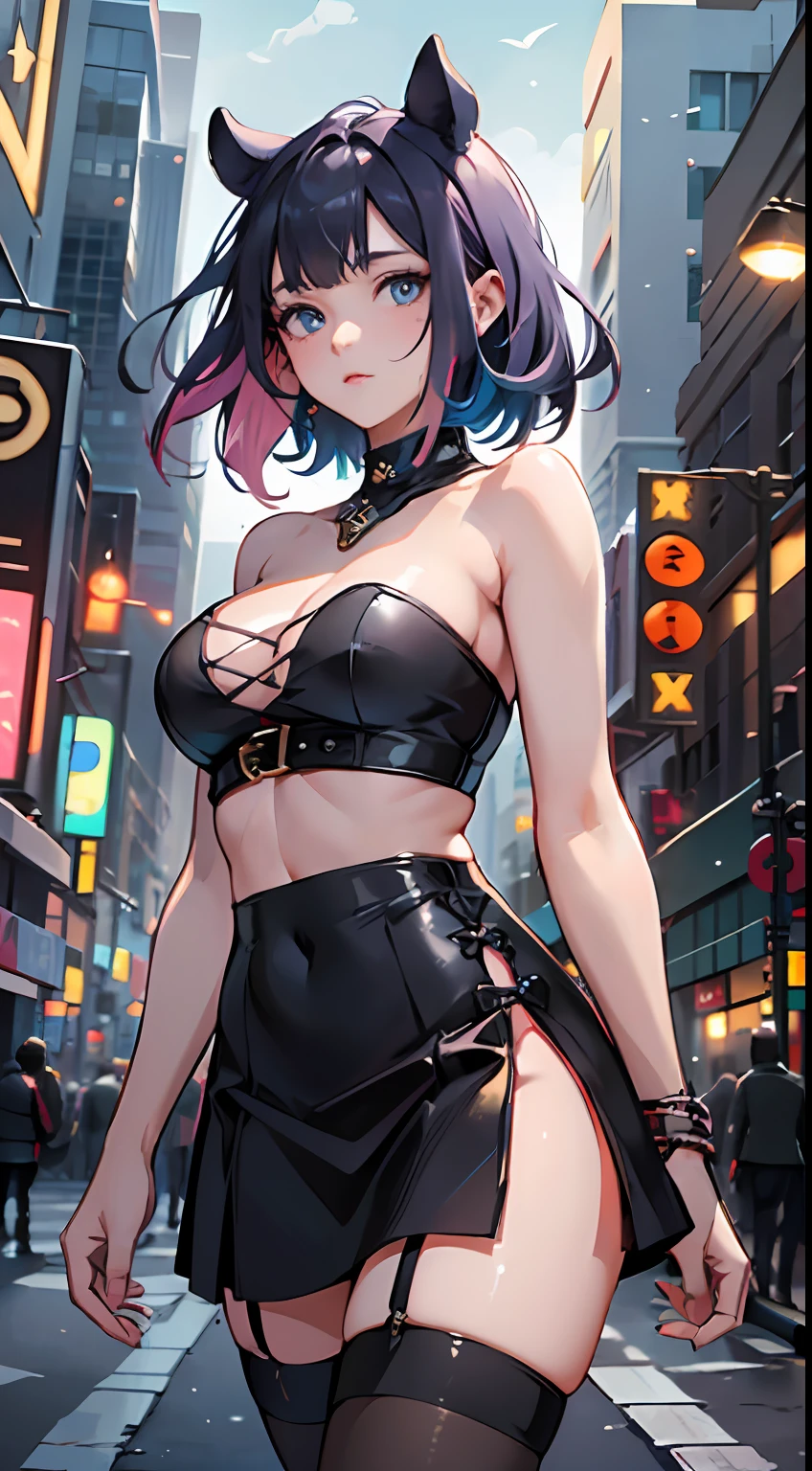 So, imagine an image of Ina in an outfit similar to the girl in the previous prompt. Ina is dressed in a tube top and a black skirt with thigh-high stockings on hers. Her hair and eyes are detailed with realistic lighting and shadows. Ina is standing in the middle of the street, absorbed in her cell phone, oblivious to her surroundings. The image is a high quality masterpiece that shows the beauty and sensuality of Ina in a modern and urban style. The lighting is vibrant and colourful, bringing out the details of the image against a background of a vibrant city. The image shows Ina in an urban setting, surrounded by buildings and bright lights.