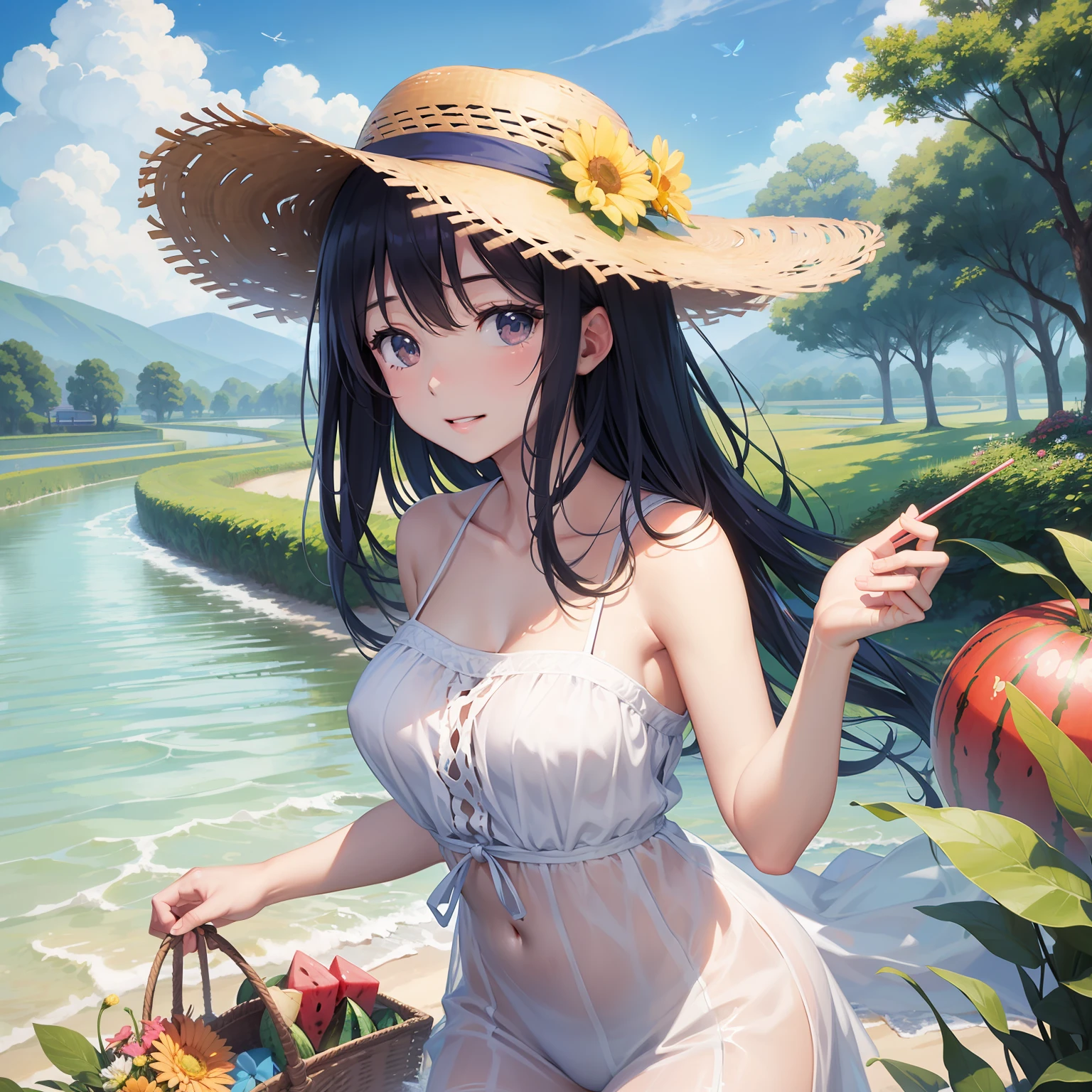 summer vacation、a straw fedora hat、Illustration Diary、a dragonfly、Into the cloud、watermelons、countryside view