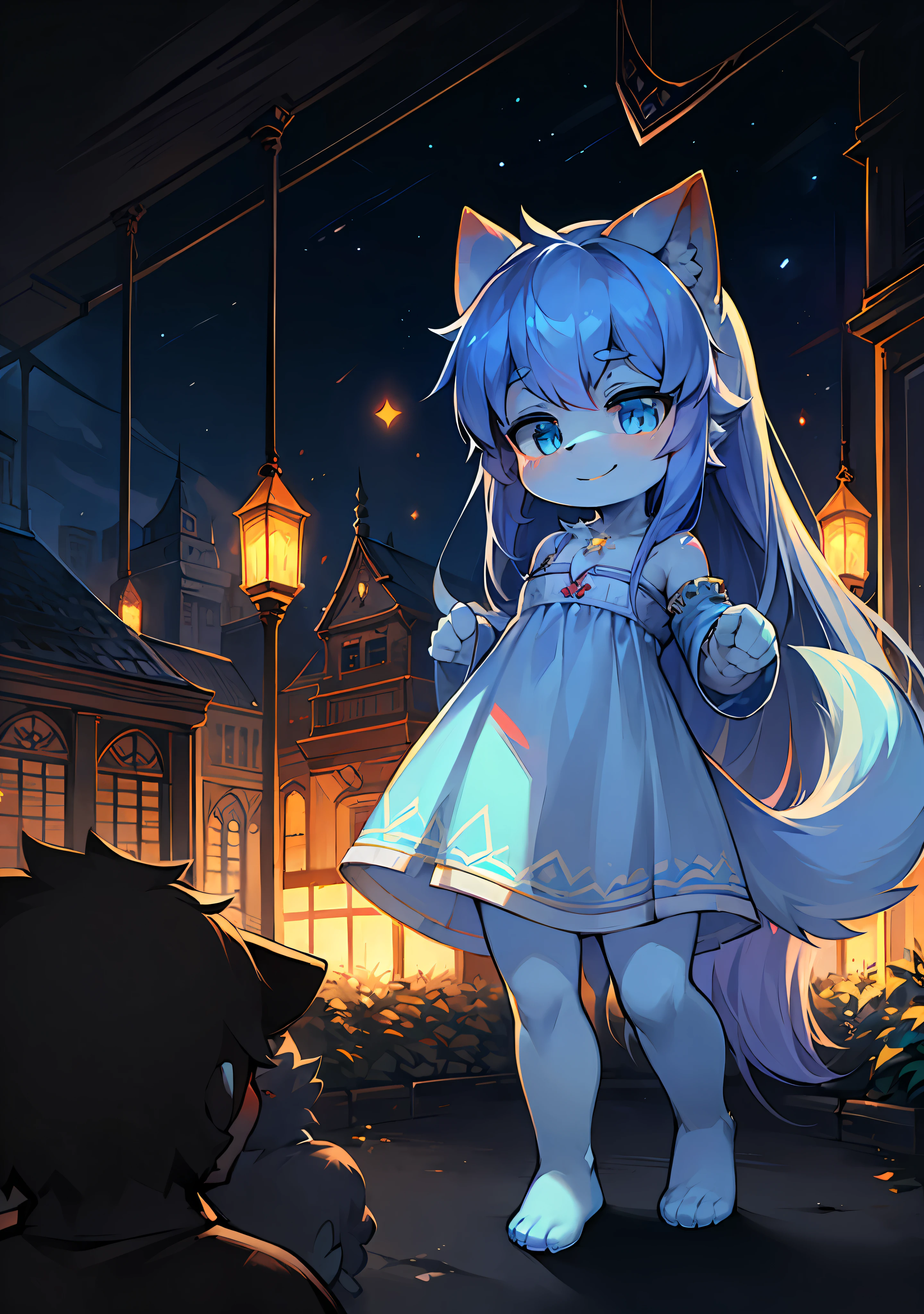 Bright eyes，in a panoramic view，Focus is prominent，Enhanced background details（0.7），Go it alone，Furry female character，The heroine stands out，Fluffy tail，eBlue eyes，Emphasize blue skin，Younger age，Childhood，Focus on the child，Cute petite emphasis，A smile on his face（1.2），Strengthen long-haired animals（1.2），Internal view、the night、borgar（1.1）。