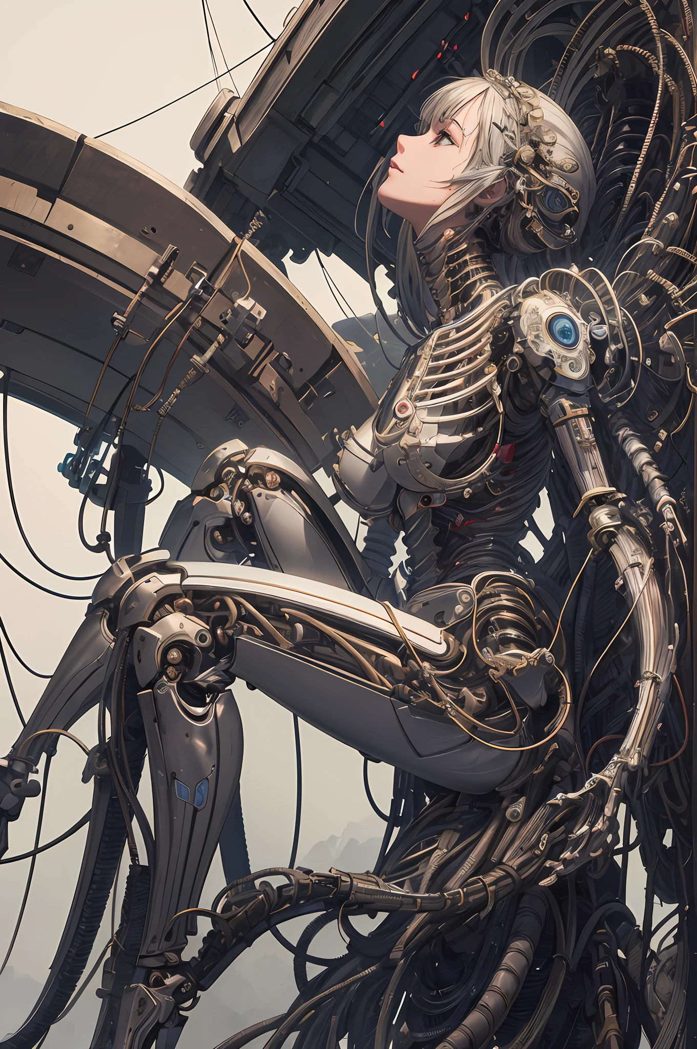 (((masterpiece))), (((best quality))), ((ultra-detailed)), (highly detailed CG illustration), ((an extremely delicate and beautiful)),(from side),cinematic light,((1mechanical girl)),solo,full body,(machine made joints:1.2),((machanical limbs)),(blood vessels connected to tubes),(mechanical vertebra attaching to back),((mechanical cervial attaching to neck)),(sitting),expressionless,(wires and cables attaching to neck:1.2),(wires and cables on head:1.2)(character focus),science fiction,extreme detailed,colorful,highest detailed