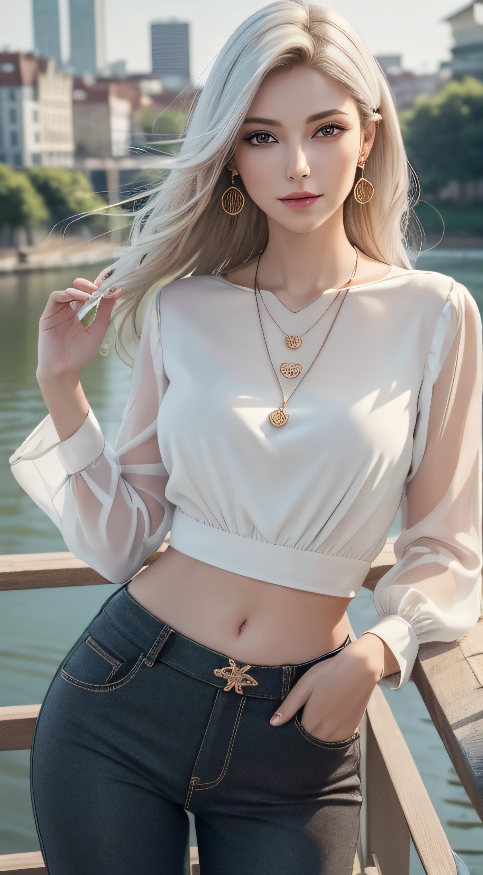(Masterpiece, best quality, award winning, photorealistic, highres, UHD :1.3), portrait, sharp focus, medium shot, 1 beautiful European woman, pretty girl, realistic model, skinny, slender figure, beautiful midriff, thin waist, (realistic skin :1.1), realistic detailed face, beautiful and realistic eyes, layered hairstyle, (white hair), highly detailed realistic hair, light makeup, attractive, stunning, ((wearing cropped blouse and pants, wearing pendant and earrings)), leaning on bridge rail, posing for picture on bridge, beautiful river and city view, ((photorealistic, realistic, super realistic, realism, realistic detail))