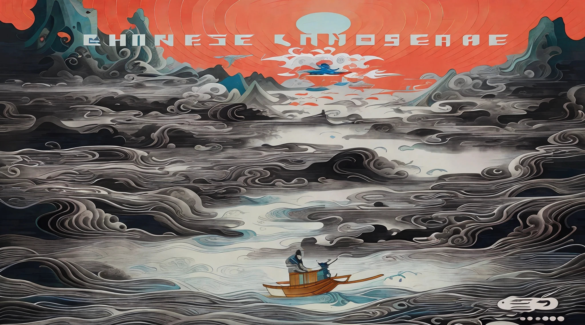 Poster close-up,The boat on board is in the water, Chinese landscape, chinese surrealism, inspired by Kilian Eng, an illustration of inspired by Victo Ngai, victo ngai and surrealism, Poster illustration, victo ngai and tristan eaton, artwork in style of sheng lam, poster cover art, Beksinski and James Jean