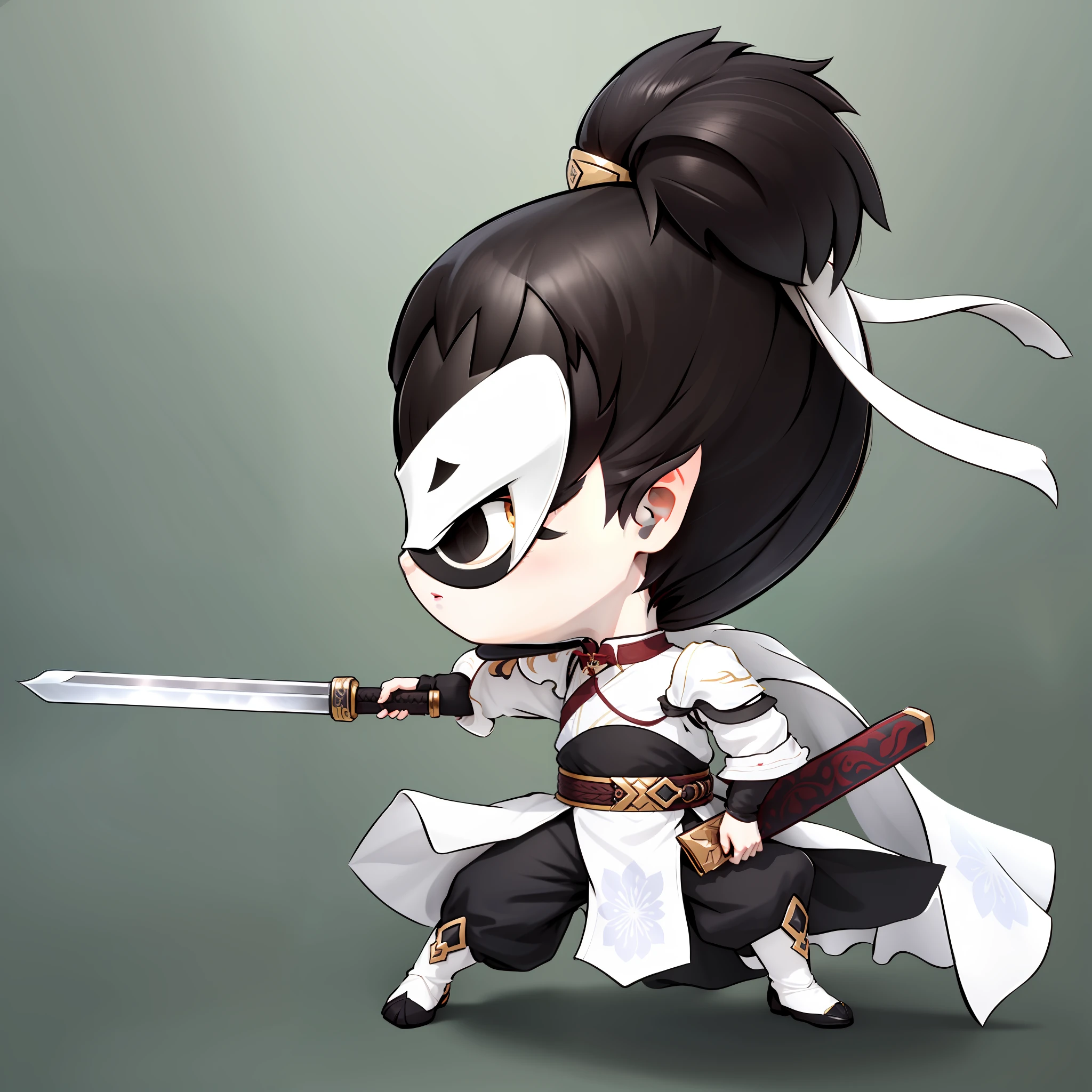 Chibi anime characters,The sword,sword sheath,There is a beautiful pattern on the scabbard,Refinement,Fine painting,Refinement,infinite details,high definition detail,Delicate belt,Belt accessories,Male characters,Blindfolds,sideface,swordsman,dark colored hair,Patterned,Pattern,Blank background,Bright colors,Metal edging