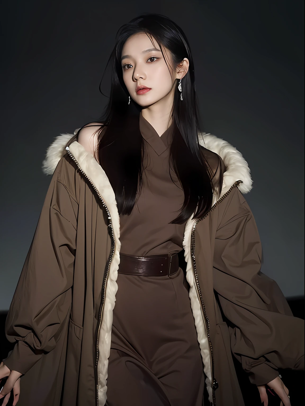 asian woman in a brown dress standing in the dark, digital art inspired by Ai Xuan, tumblr, digital art, mysterious woman, a still of an ethereal, night, light dress, at nighttime, nighttime, “ femme on a galactic shore, mysterious portrait, wu liu, wenfei ye, kan liu, (fantasy), midnight, portrait of female humanoid