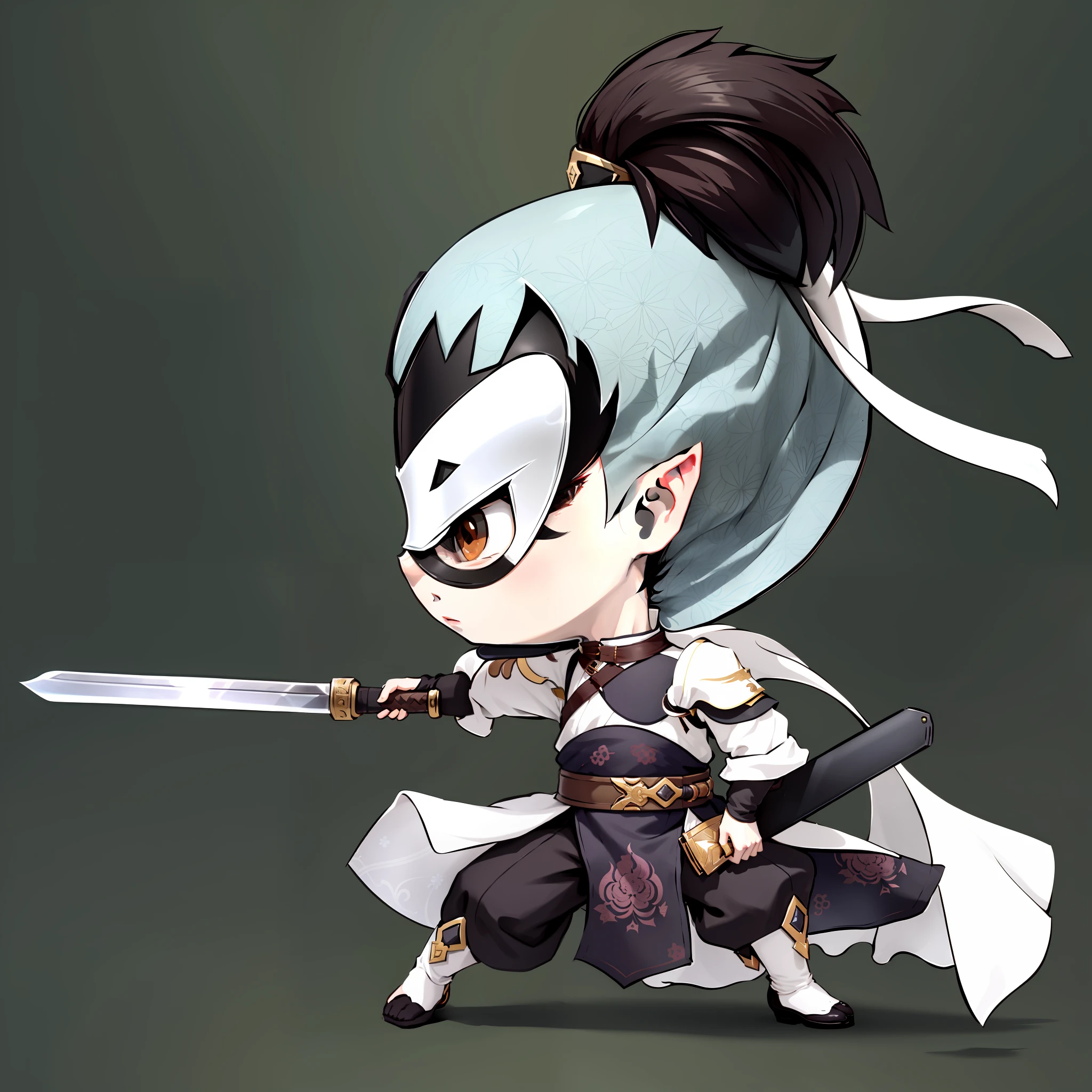 Chibi anime characters,The sword,sword sheath,There is a beautiful pattern on the scabbard,Refinement,Fine painting,Refinement,infinite details,high definition detail,Delicate belt,Belt accessories,Male characters,Blindfolds,sideface,swordsman,dark colored hair,Patterned,Pattern,Blank background,Bright colors,Metal edging