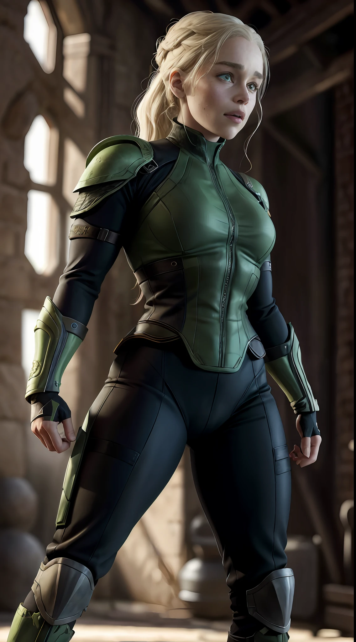 actress (Emilia Clarke) as a (Sonya Blade), (Mortal Kombat), wearing green and white military outfit, black military boots on heels, blonde ponytail, fit body, fighting pose, ready to fight, fighting arena, sultry, sexy, hot, shapely, full body render, fine detail, hyper realistic, HD, 4K, definition, texture, perfect detail, perfect face, beautiful, hyperrealism, trending on artstation