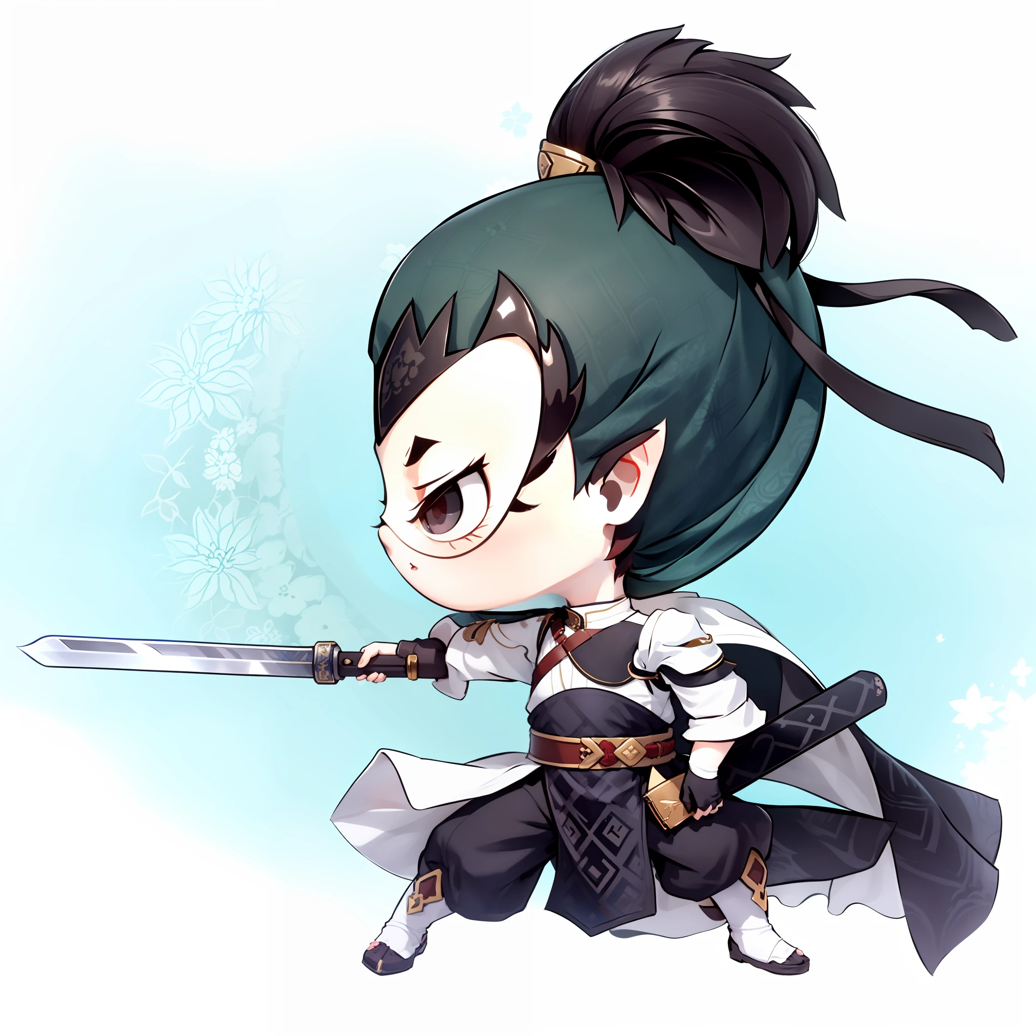 Chibi anime characters，The sword，sword sheath，There is a beautiful pattern on the scabbard，Refinement，Fine painting，Refinement，infinite details，high definition detail，Delicate belt，Belt accessories，Male characters，Blindfolds，sideface，swordsman，dark colored hair，Patterned，Pattern，Blank background，Bright colors，Metal edging