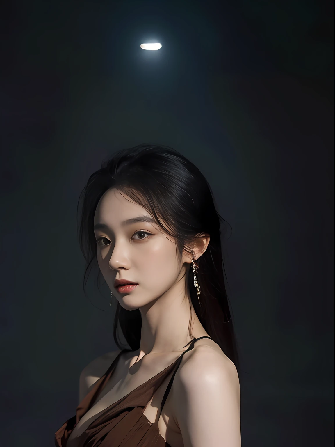 asian woman in a brown dress standing in the dark, digital art inspired by Ai Xuan, tumblr, digital art, mysterious woman, a still of an ethereal, night, light dress, at nighttime, nighttime, “ femme on a galactic shore, mysterious portrait, wu liu, wenfei ye, kan liu, (fantasy), midnight, portrait of female humanoid