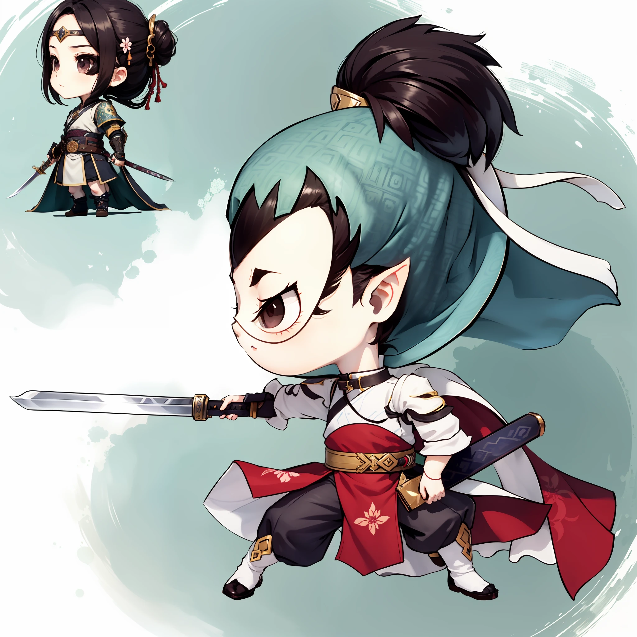 Chibi anime characters,The sword,sword sheath,There is a beautiful pattern on the scabbard,Refinement,Fine painting,Refinement,infinite details,high definition detail,Delicate belt,Belt accessories,Male characters,Blindfolds,sideface,swordsman,dark colored hair,Patterned,Pattern,Blank background,Bright colors,Metal edging