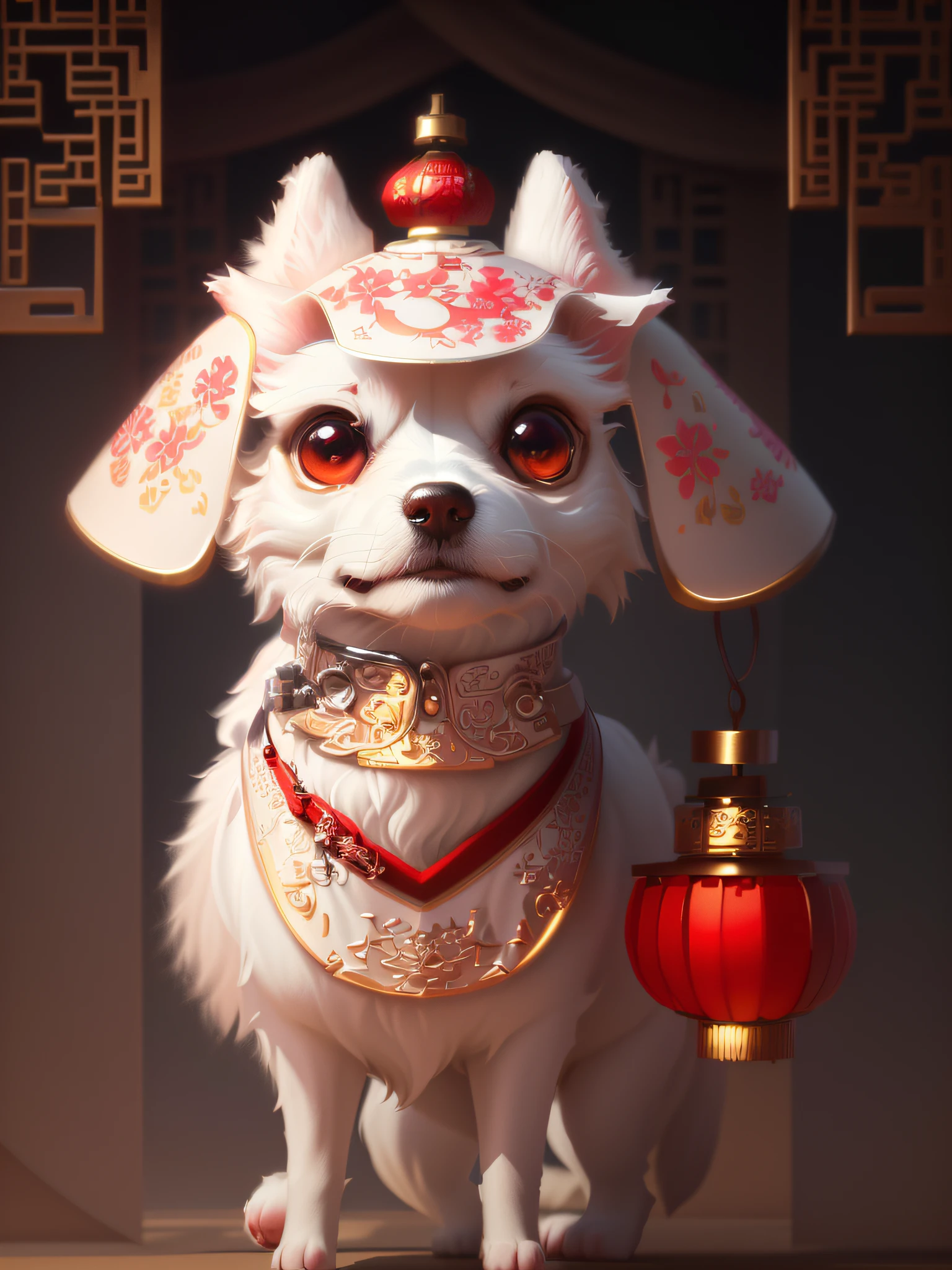 Alafard white dog wearing a Chinese hat and lantern, lovely digital painting, Cute detailed digital art, cute 3 d render, adorable digital art, Isometric 3d fantasy cute dog, cute detailed artwork, kawaii cute dog, 🌺 CGSesociety, Cute! C4D, style of wlop, Beeple and Jeremiah Ketner