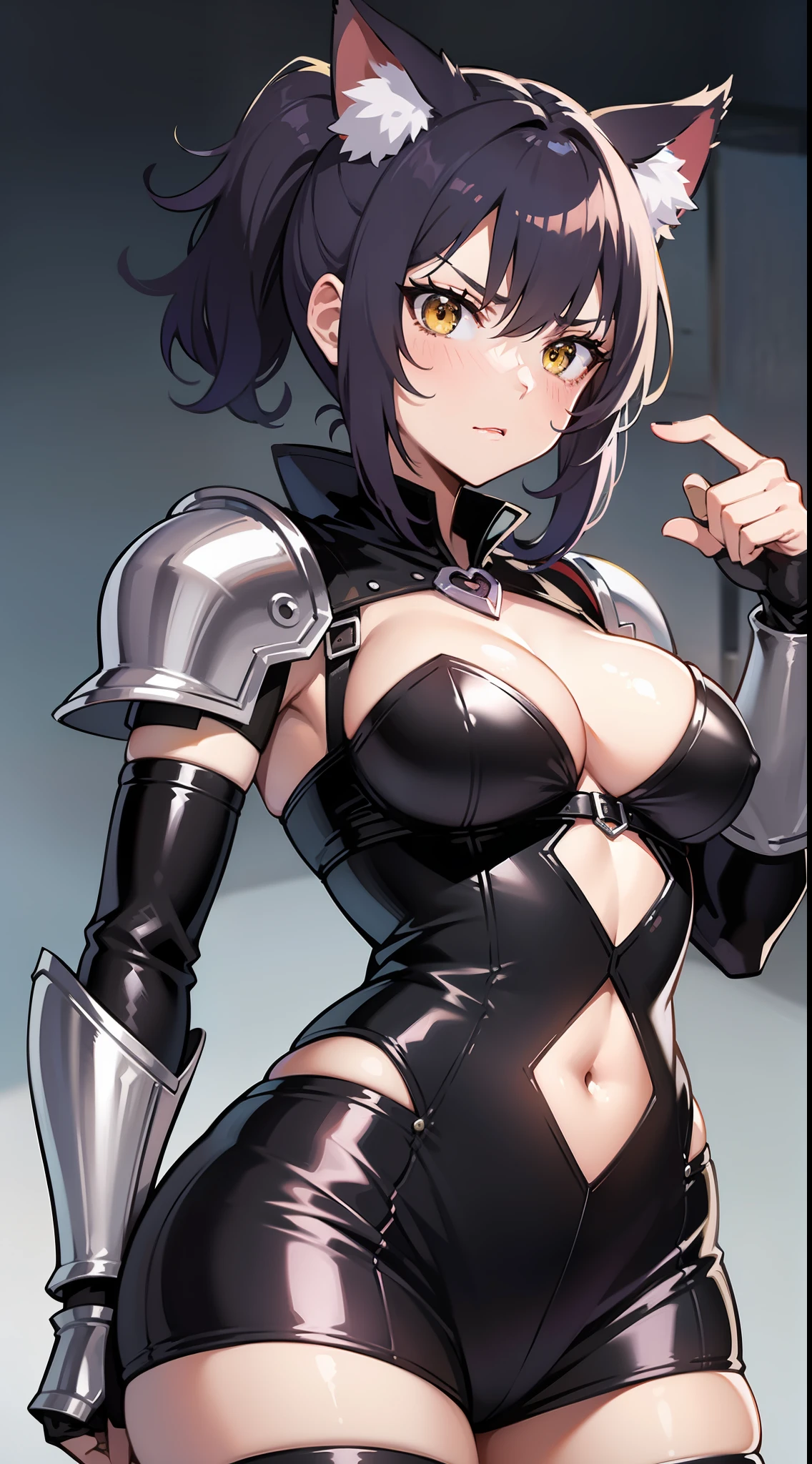 Adult woman, short purple hair, high ponytail, cat ears, Yellow eyes, Tight-fitting closed leather armor, anger, Masterpiece, hiquality