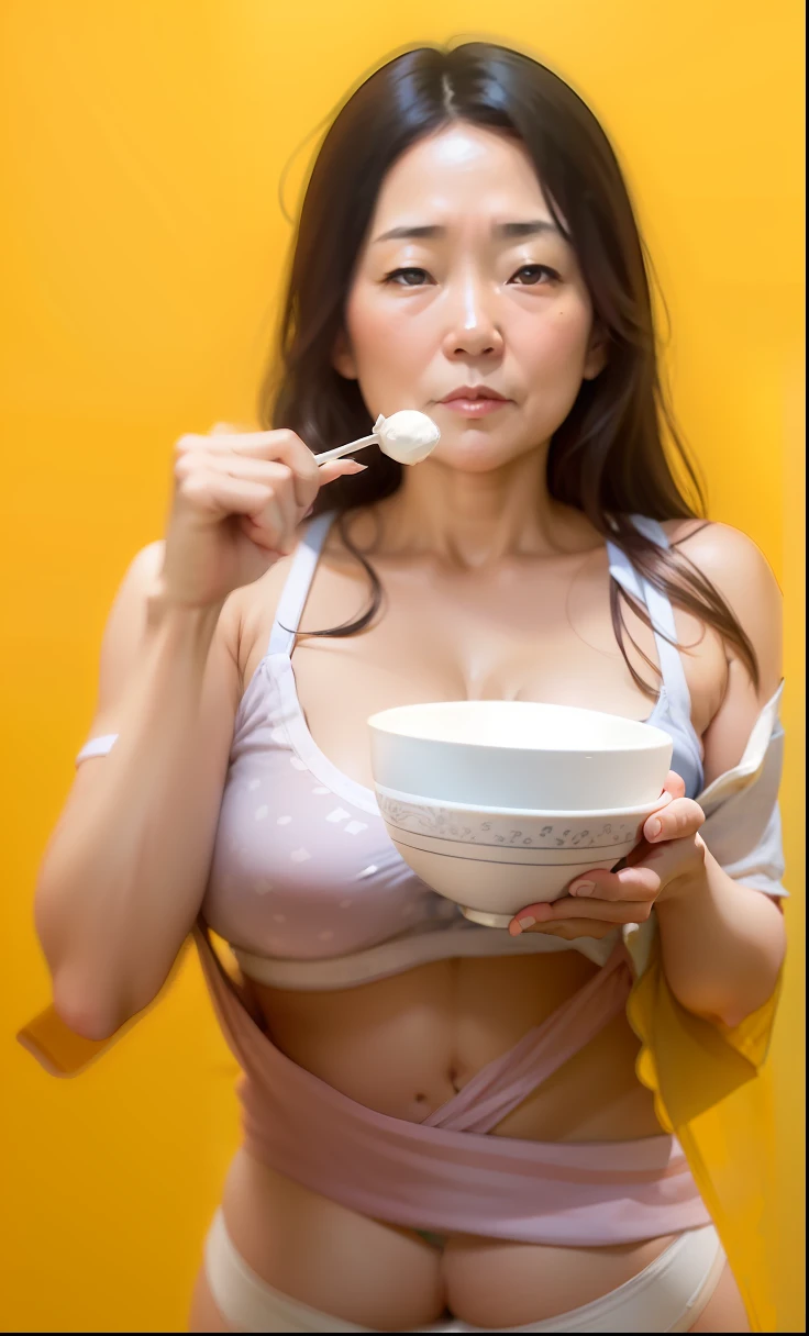 middle aged japanese woman, 45 year old japanese woman, mature, chubby, chubbu tummy, exposed tummy, teasing, light blue panties, wacoal panties, full AMO'S STYLE light blue panties,  white cami-top, white camisole,  holding food bowl, holding chopsticks, photorealistic, high detail